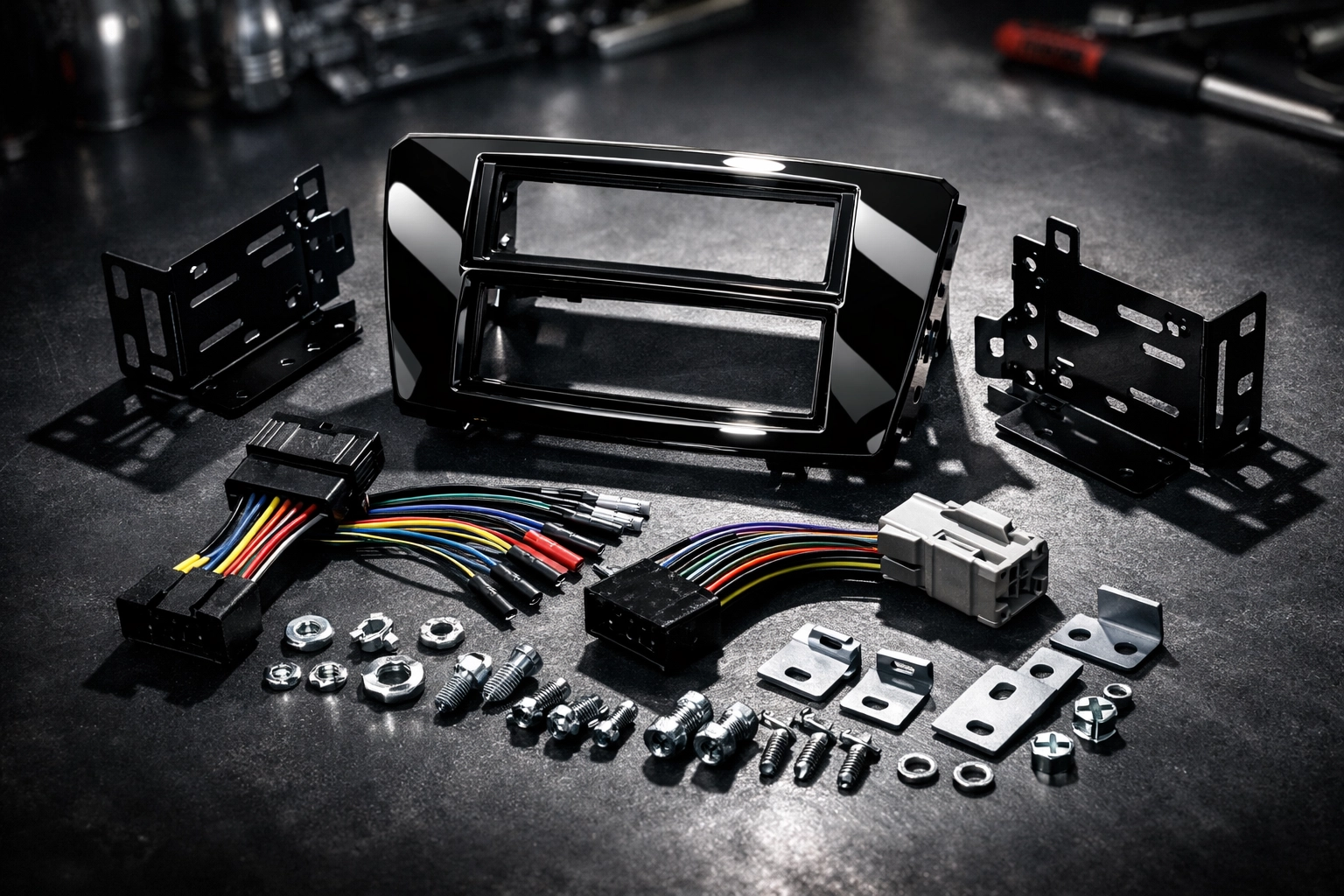 Vehicle-specific dash installation kit with mounting brackets, trim bezels, and wiring harnesses