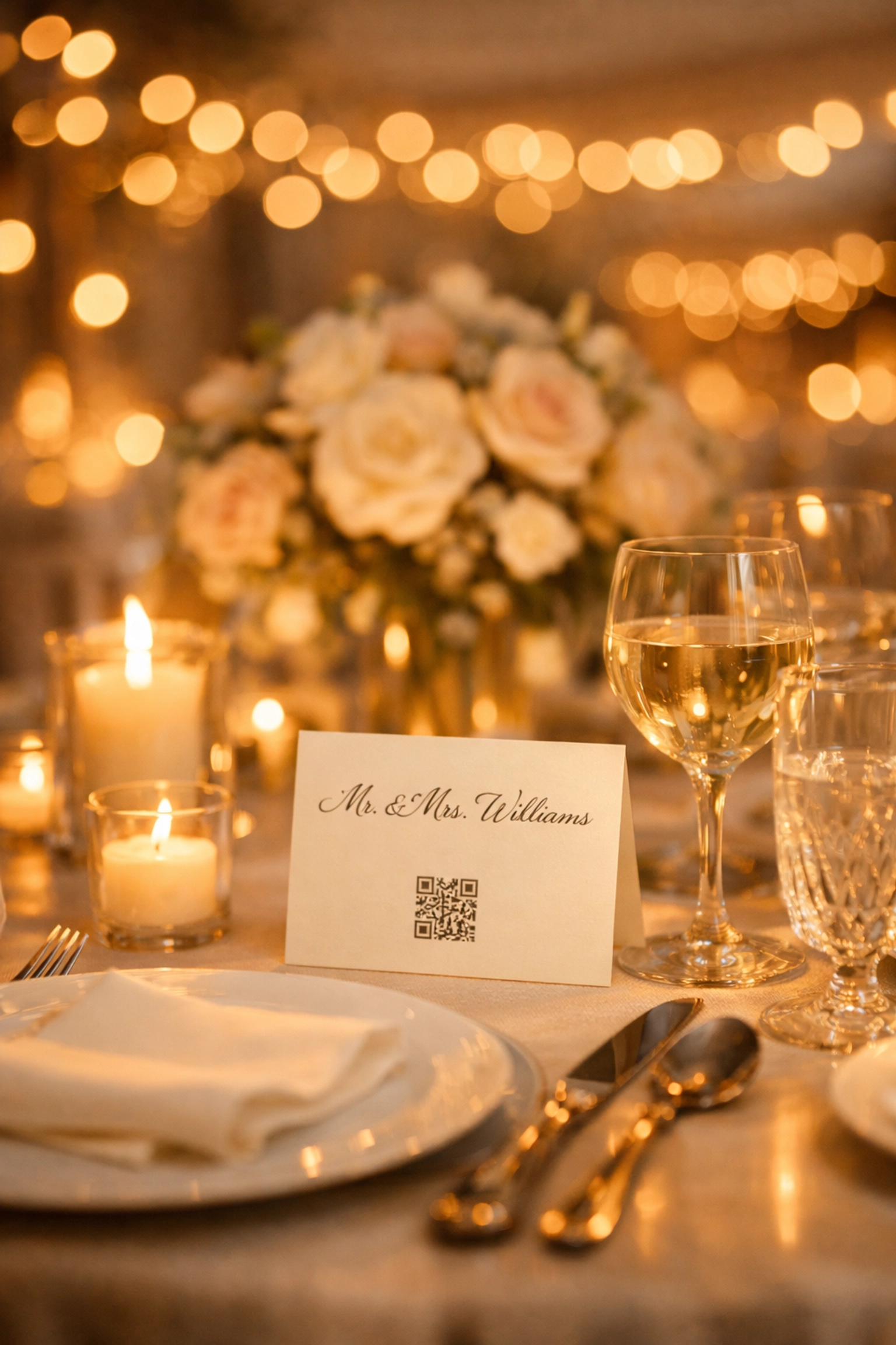 Elegant wedding reception table setting with QR code for guest funding