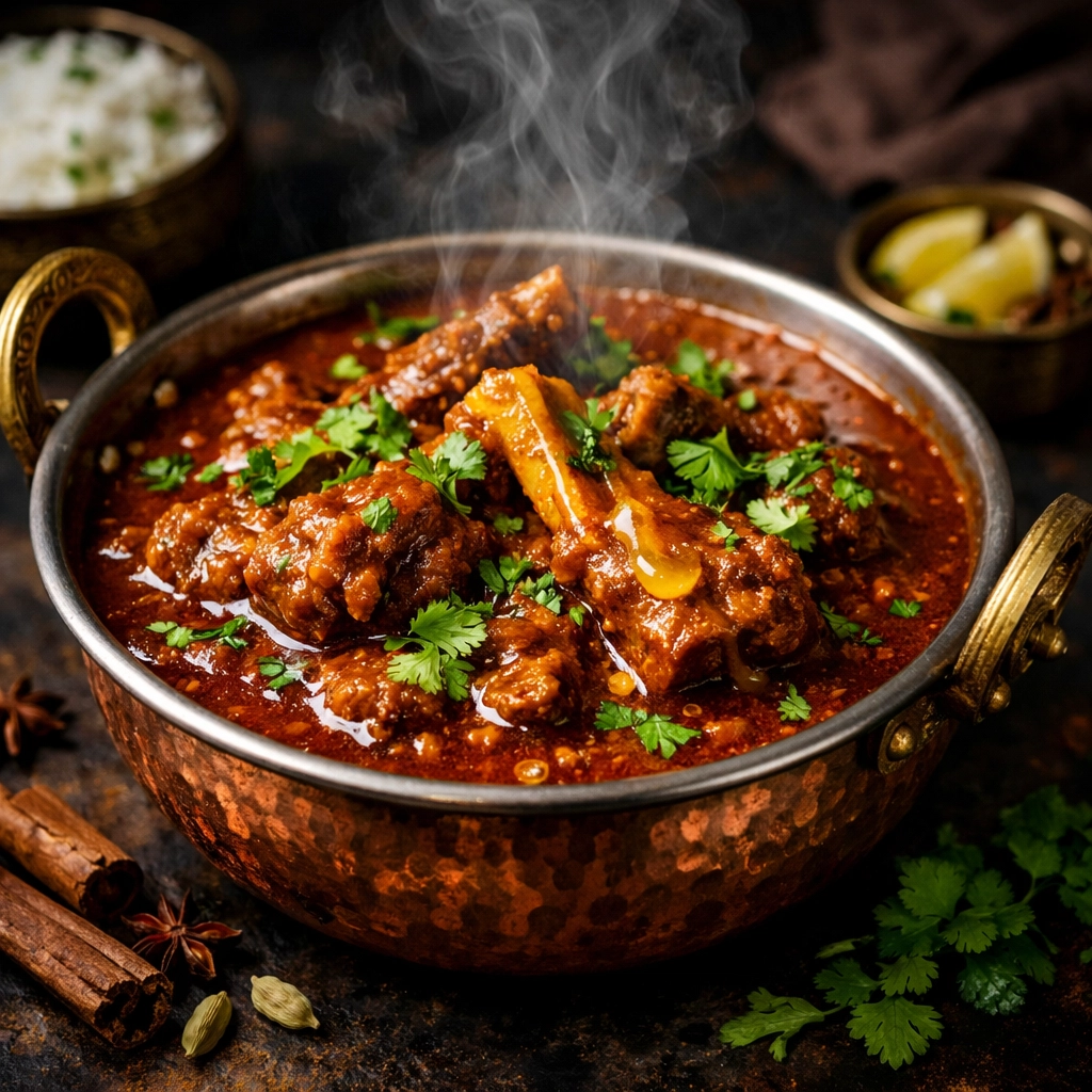 Finished Hyderabadi mutton curry with bone in traditional serving dish with coriander