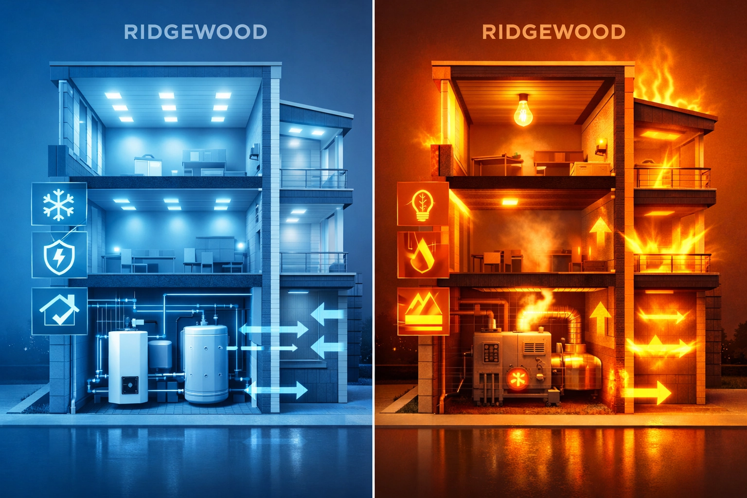 Ridgewood condo energy efficiency comparison showing blue side for optimized systems and orange side for wasteful energy use, highlighting HVAC, lighting, and water systems.