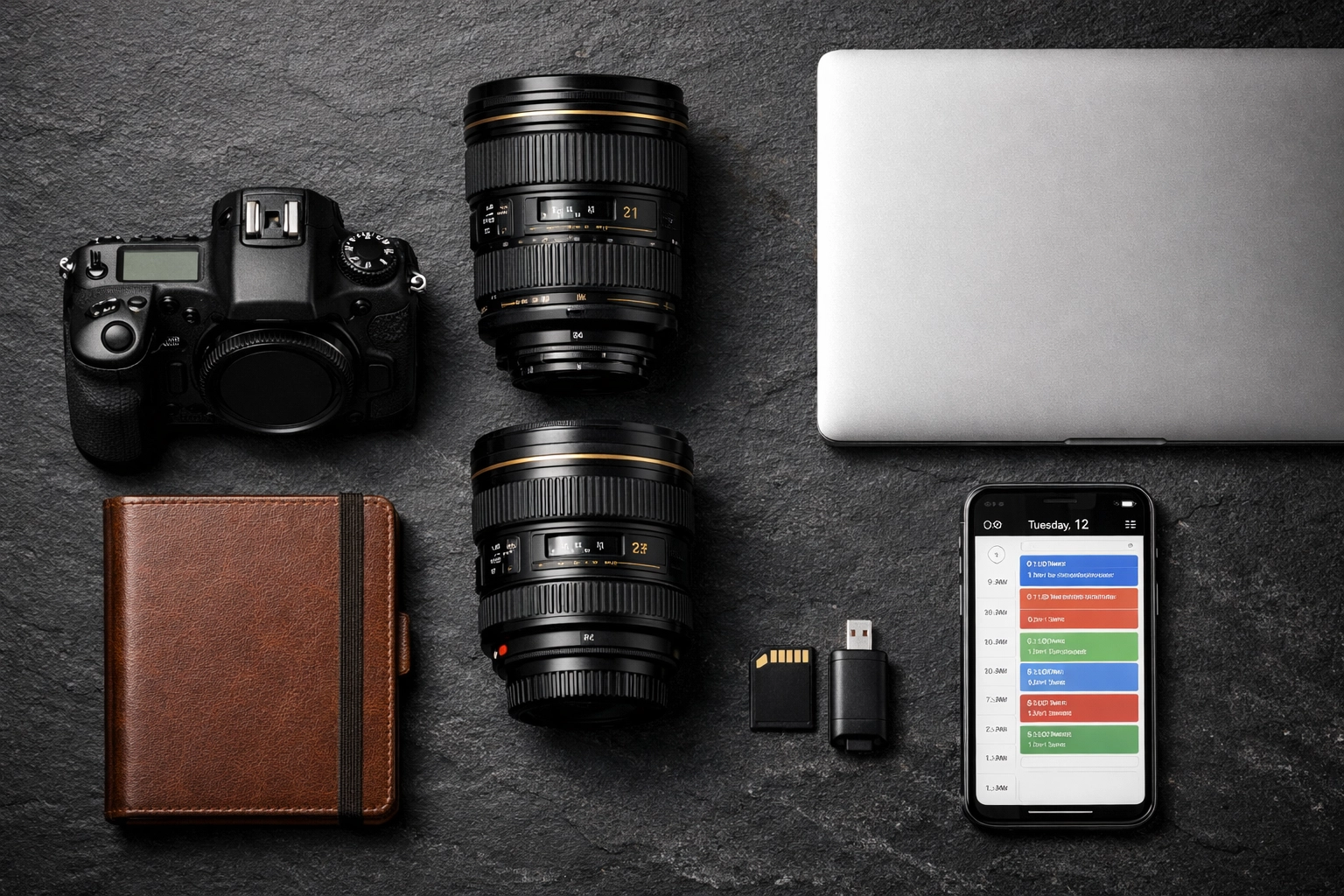 The Ultimate Guide to Proshoot.io: Everything You Need to Succeed as a Freelance Photographer 3 Essential photography gear and a professional calendar organized on a desk for managing multiple freelance clients.