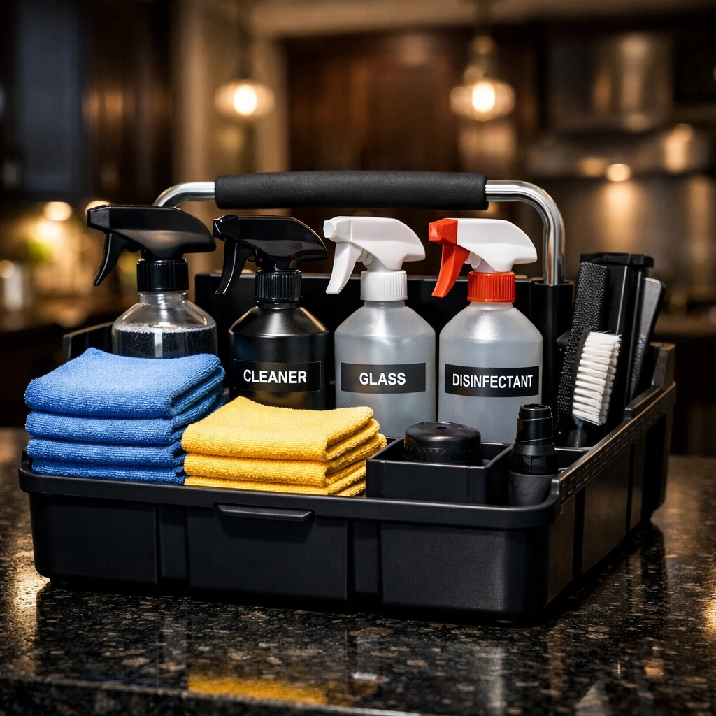 Professional cleaners MA tools and supplies organized for efficient residential cleaning in Worcester.