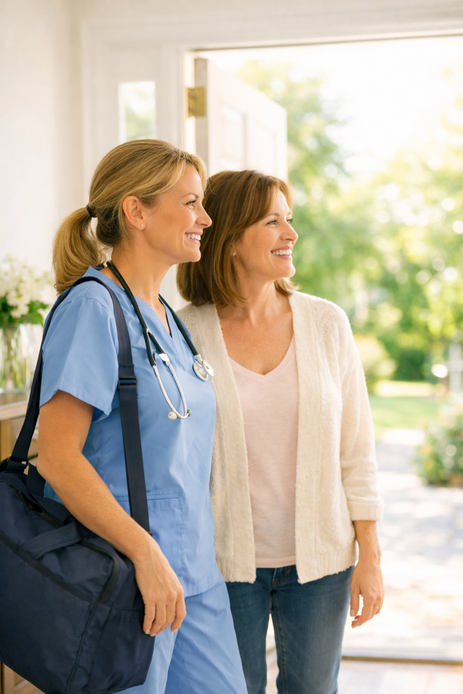 A family member and home healthcare nurse discuss a personalized care plan for a loved one.