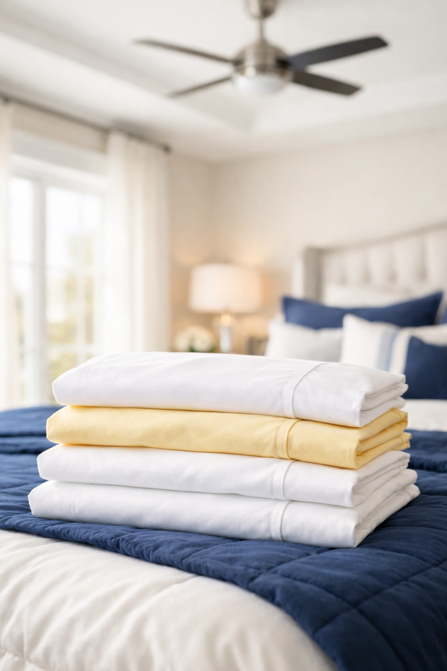 Fresh pillowcases on a bed, ready for a ceiling fan cleaning project in a bright bedroom.