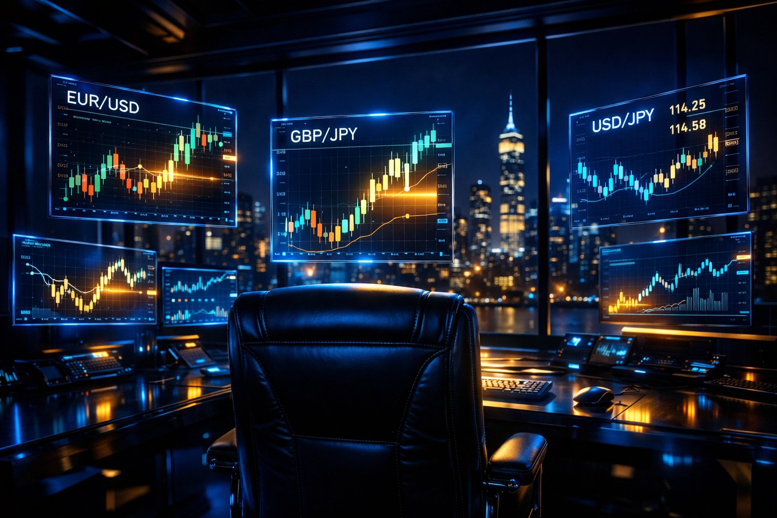 Night Club FX trading floor with holographic forex charts and city skyline at night