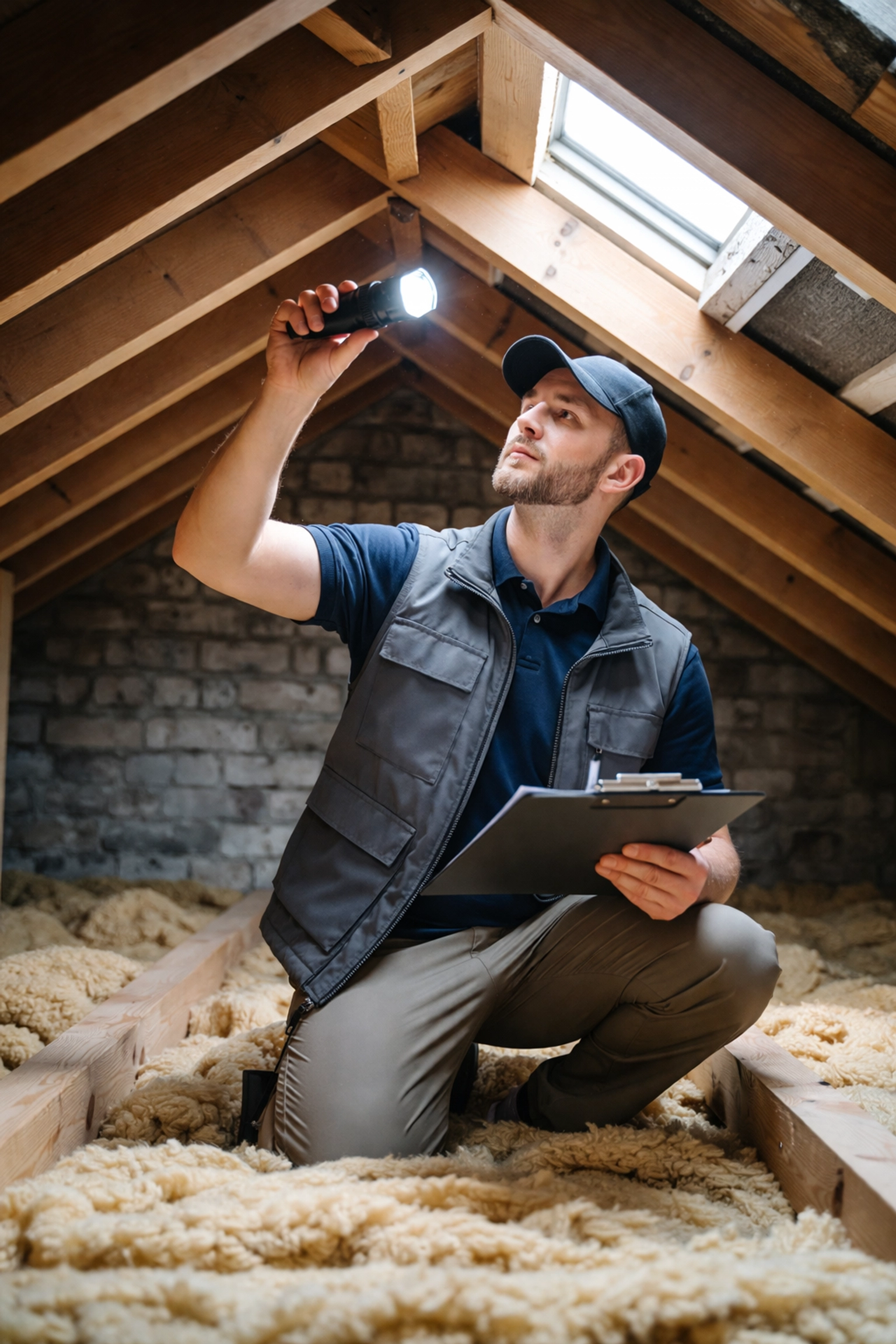 Home inspector examines attic rafters and insulation during a Northern Ireland roof survey for homebuyers