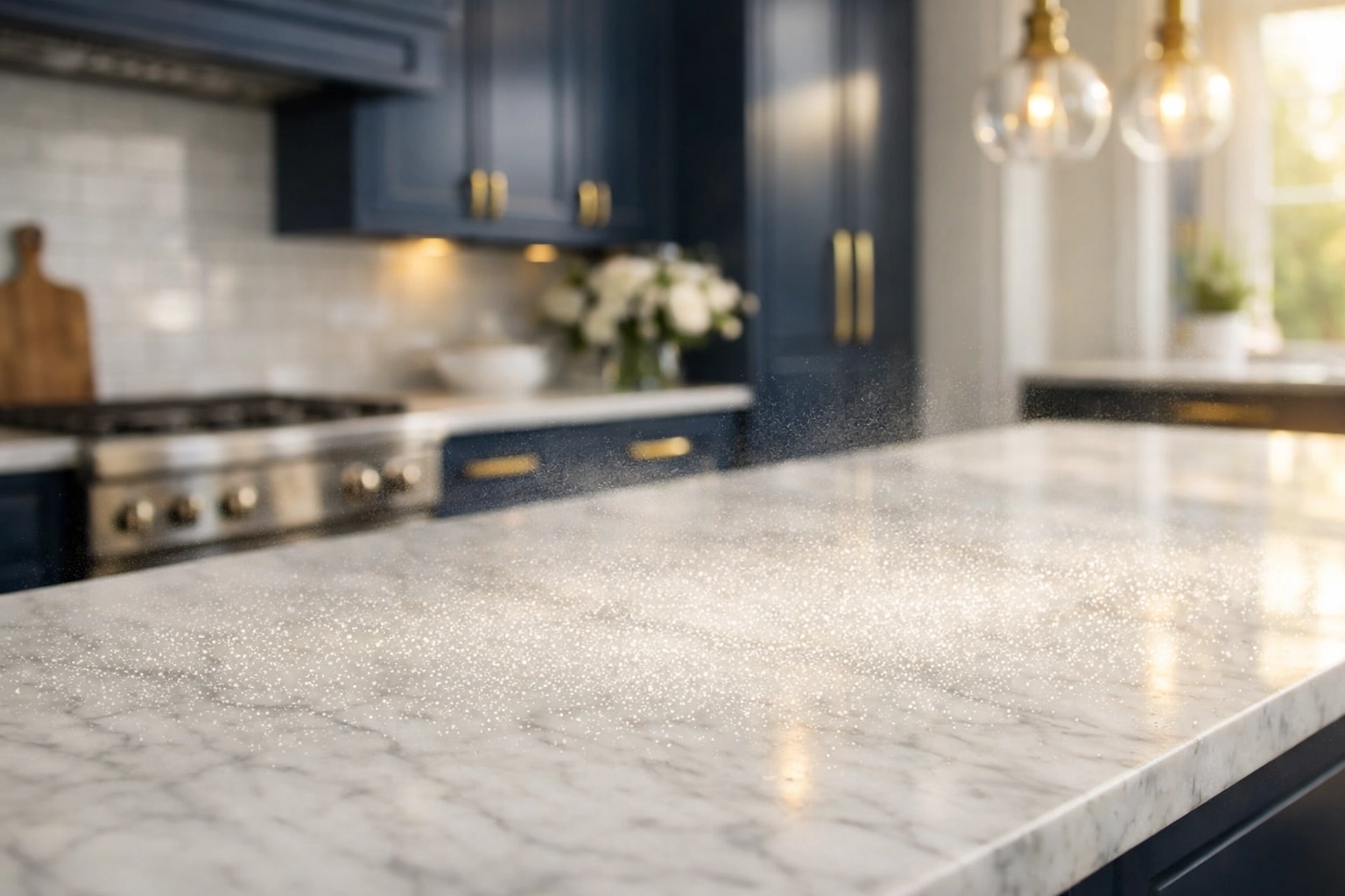 Professional deep cleaning in Hingham kitchen showing cleaning mist on a marble countertop for dwell time.