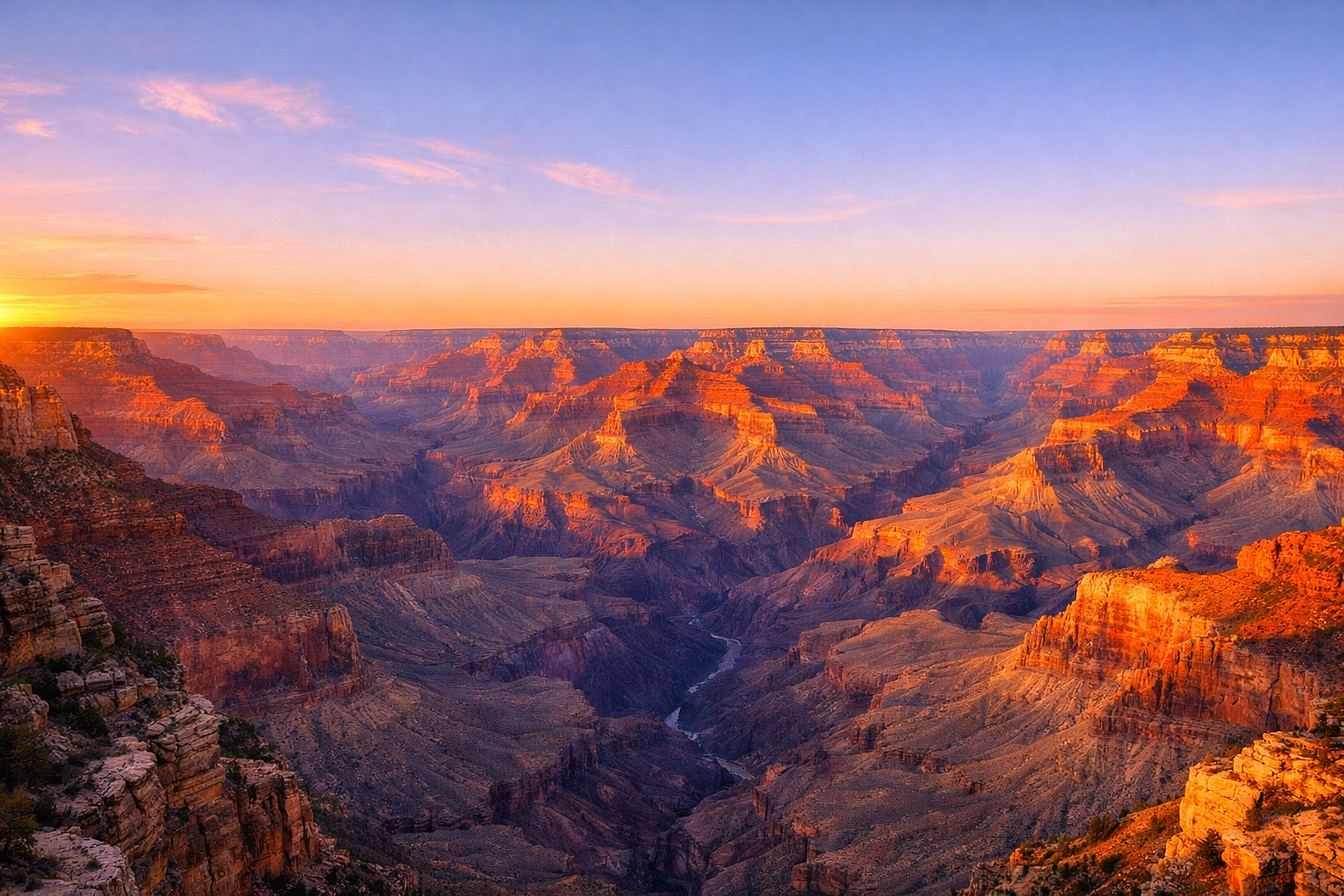 Grand Canyon sunrise panorama, highlighting one of the best sunrise spots for national park travelers.