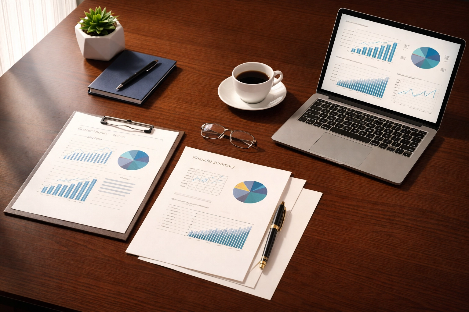 Conference table with financial documents and laptop illustrating divorce financial planning