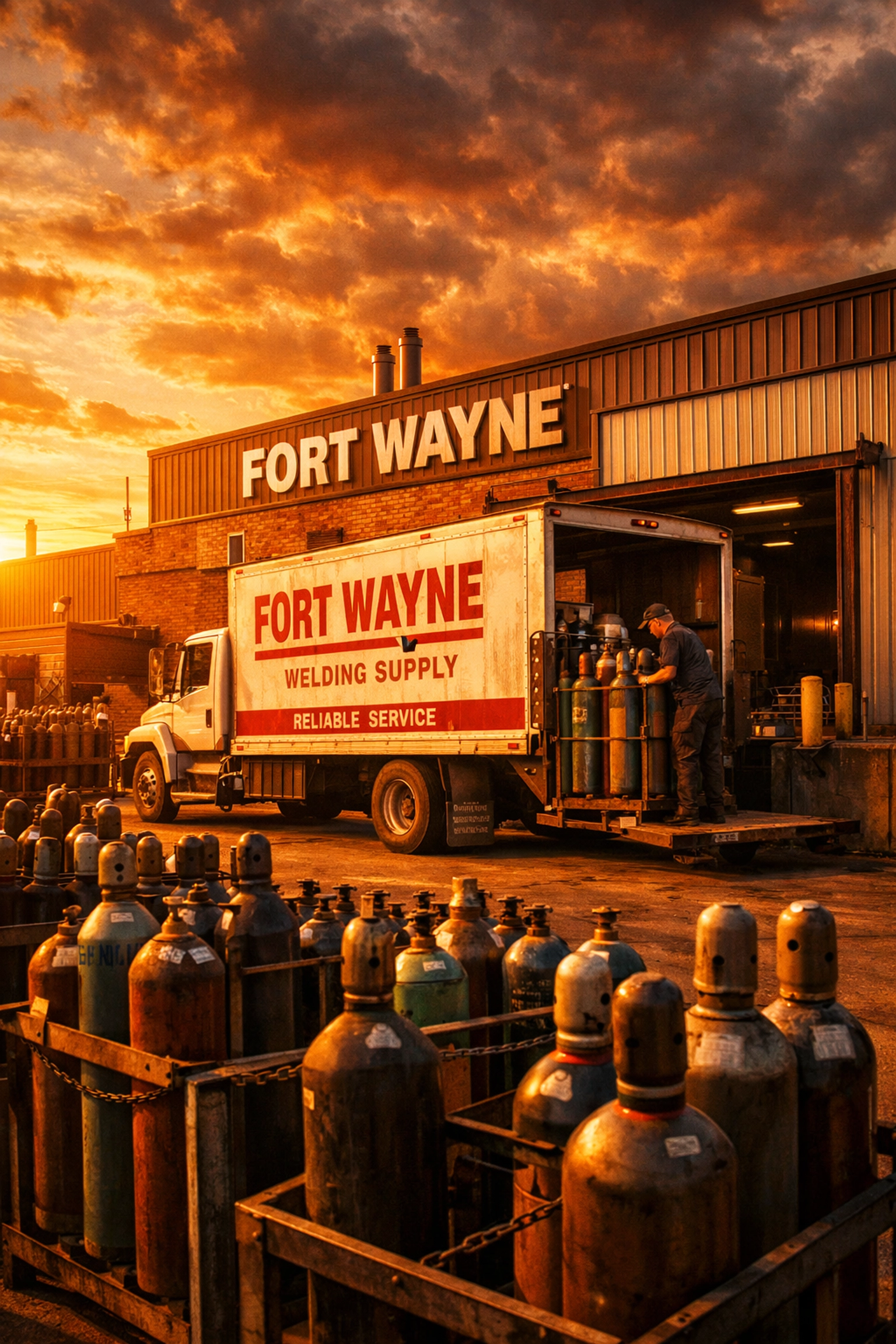 Welding gas delivery truck unloading cylinders at Fort Wayne industrial facility