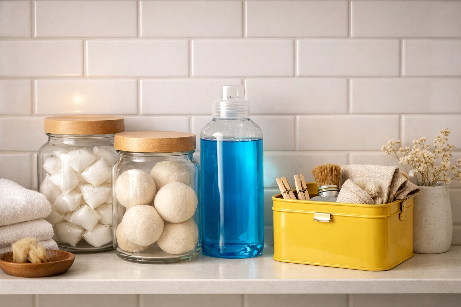 Organized laundry supplies in glass jars on a clean shelf with white subway tile for a tidy Lunenburg home.