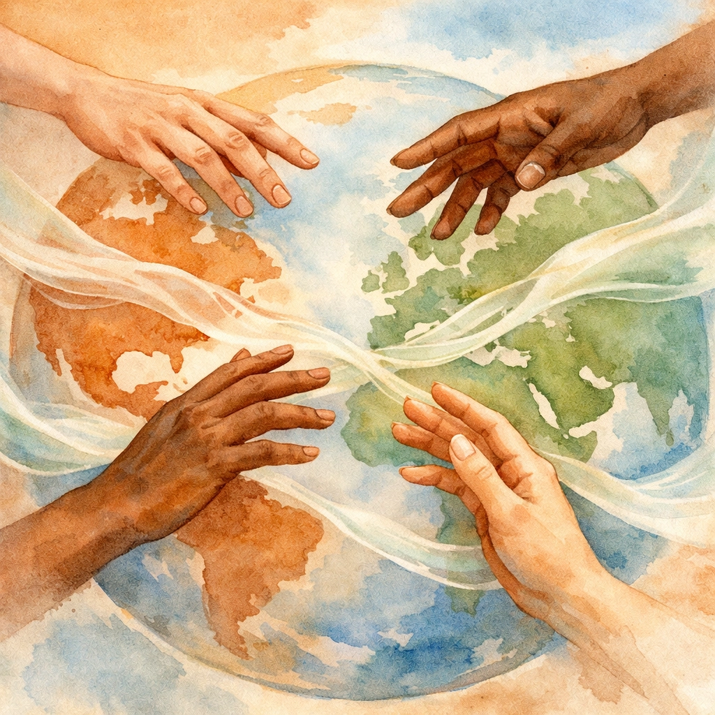 Diverse hands reaching together symbolizing global health cooperation and unity