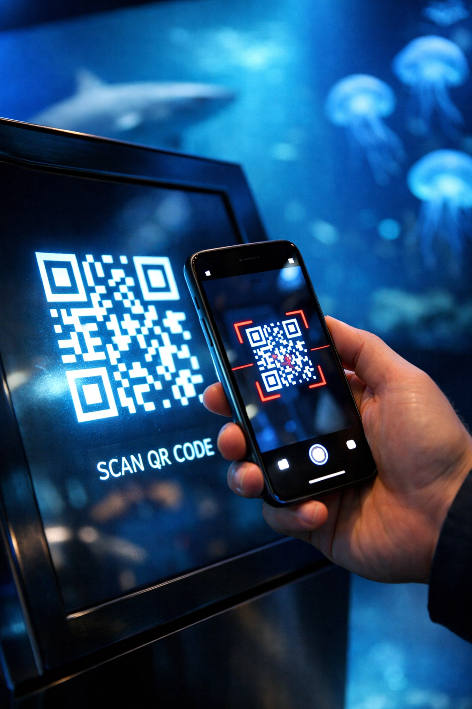 Visitor using a smartphone to scan a QR code on an aquarium digital kiosk for interactive mobile marketing.