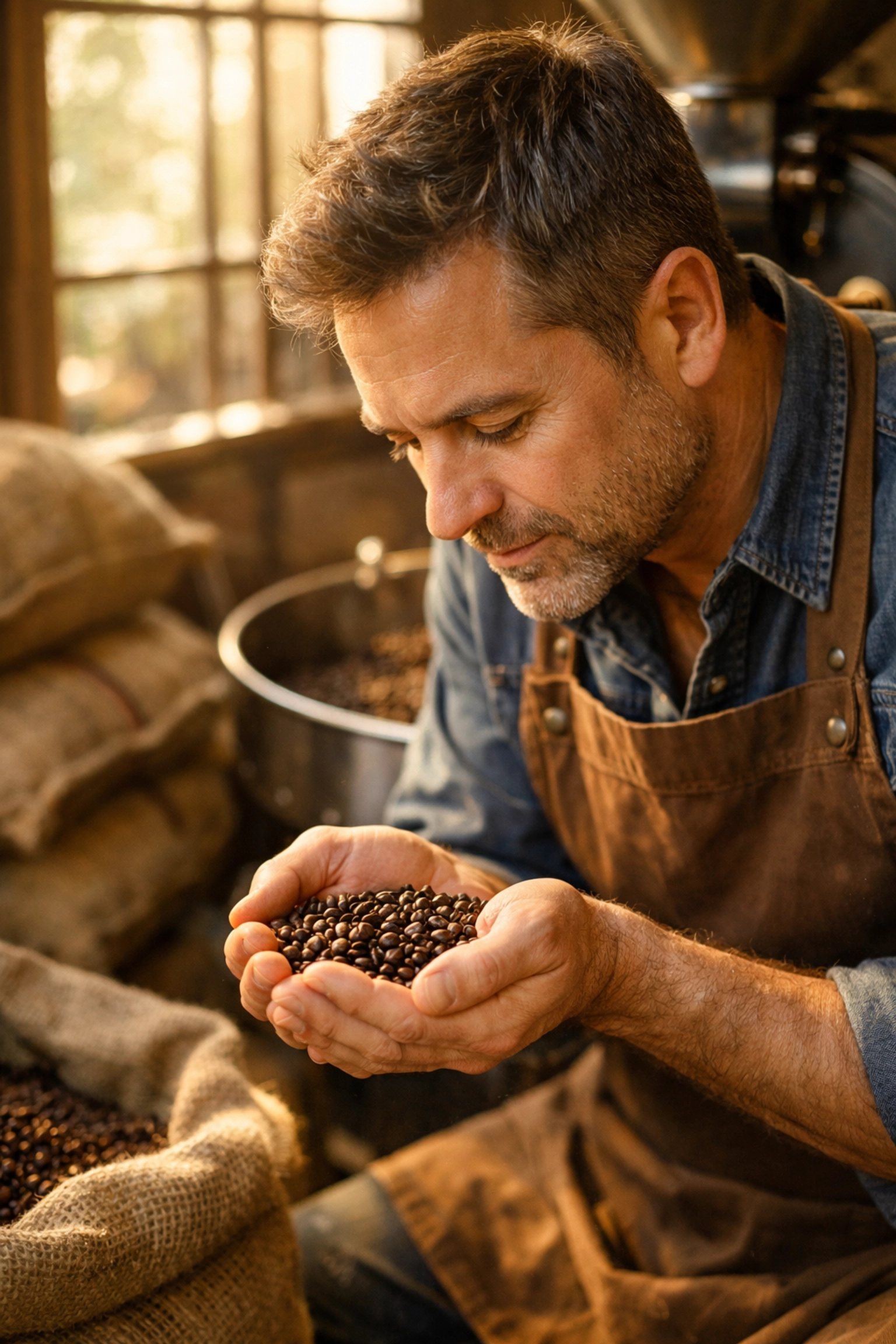Coffee roaster examining freshly roasted specialty coffee beans for quality assessment