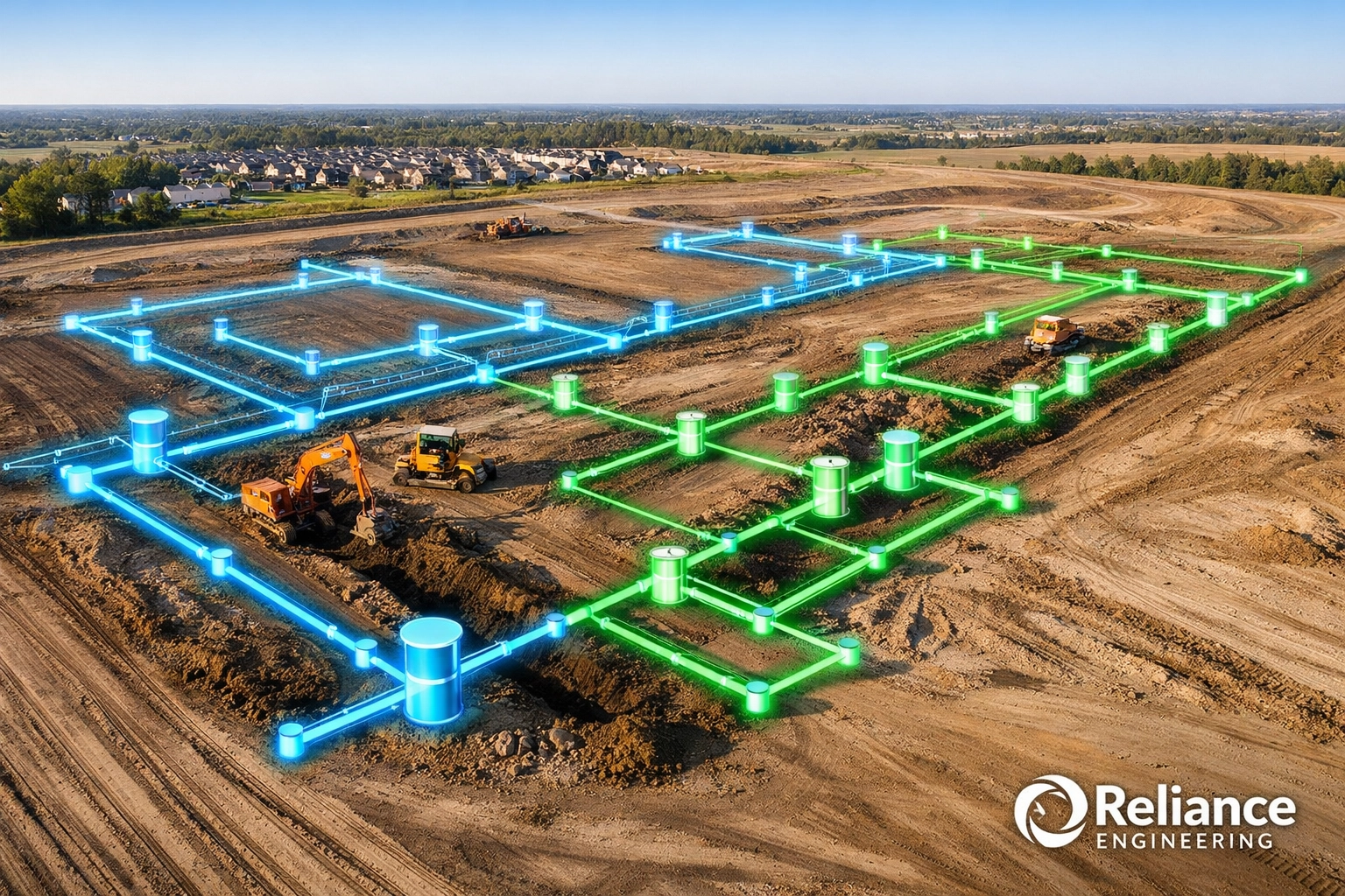 Aerial view of an Ontario development site showing site grading and planned water and sewer infrastructure.