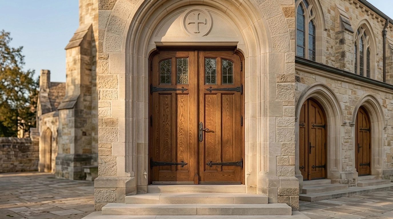 Santa Cruz Catholic Church in Buda, Texas, featuring elegant stone architecture, arched entryways, and beautifully restored white oak exterior doors in warm professional light