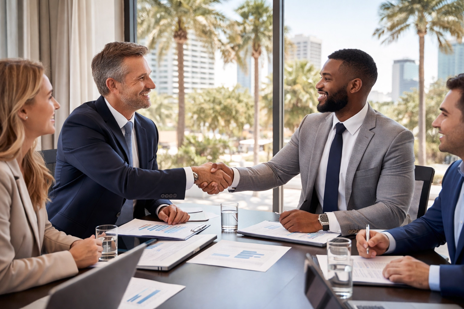 Florida business professionals shaking hands in office, illustrating partnership for general liability coverage
