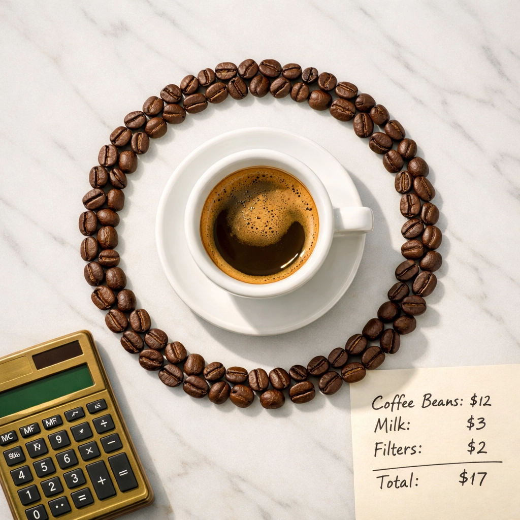 Coffee cost breakdown showing subscription savings with espresso cup and calculator