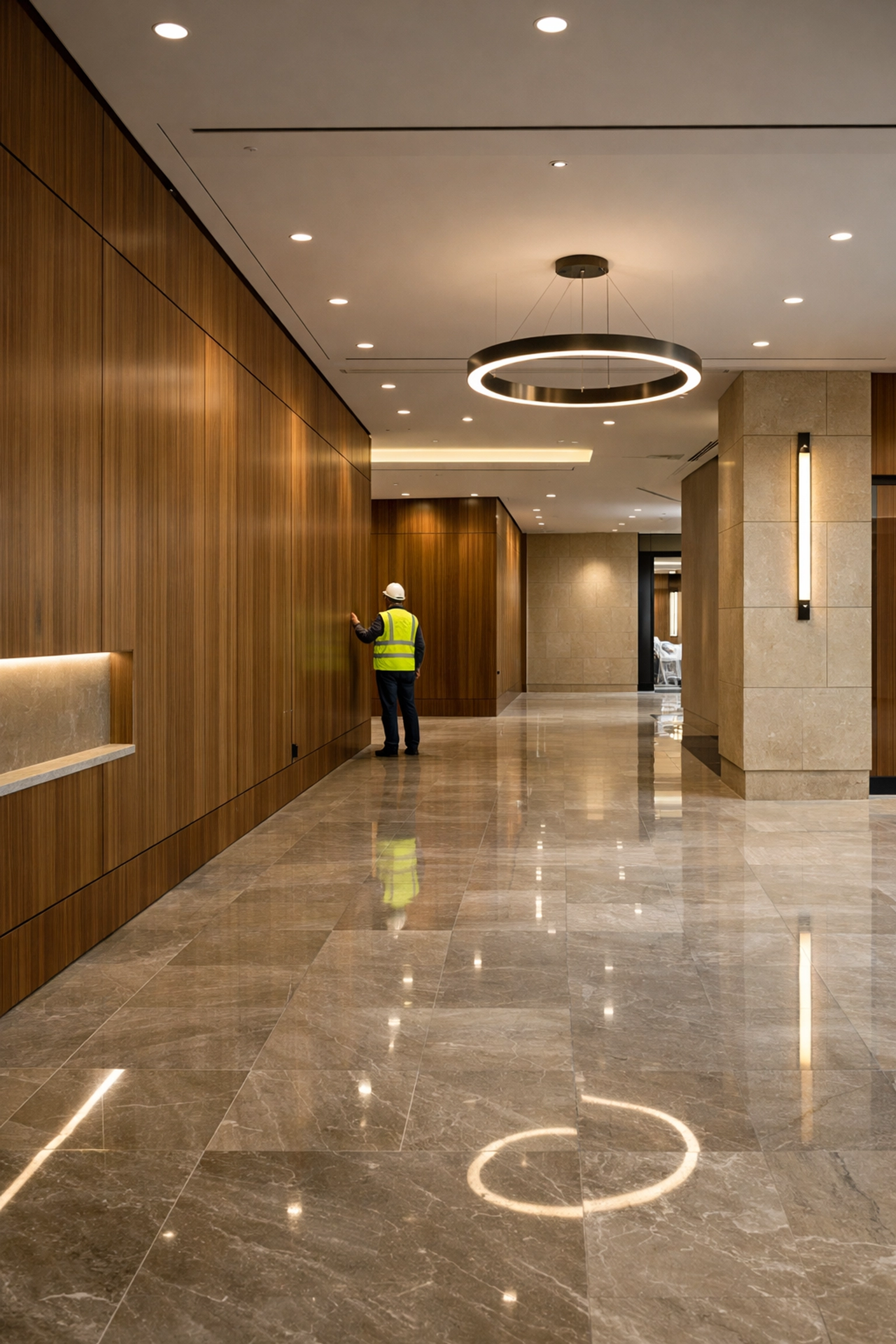 Professional project manager conducting quality control on a high-end commercial interior project.