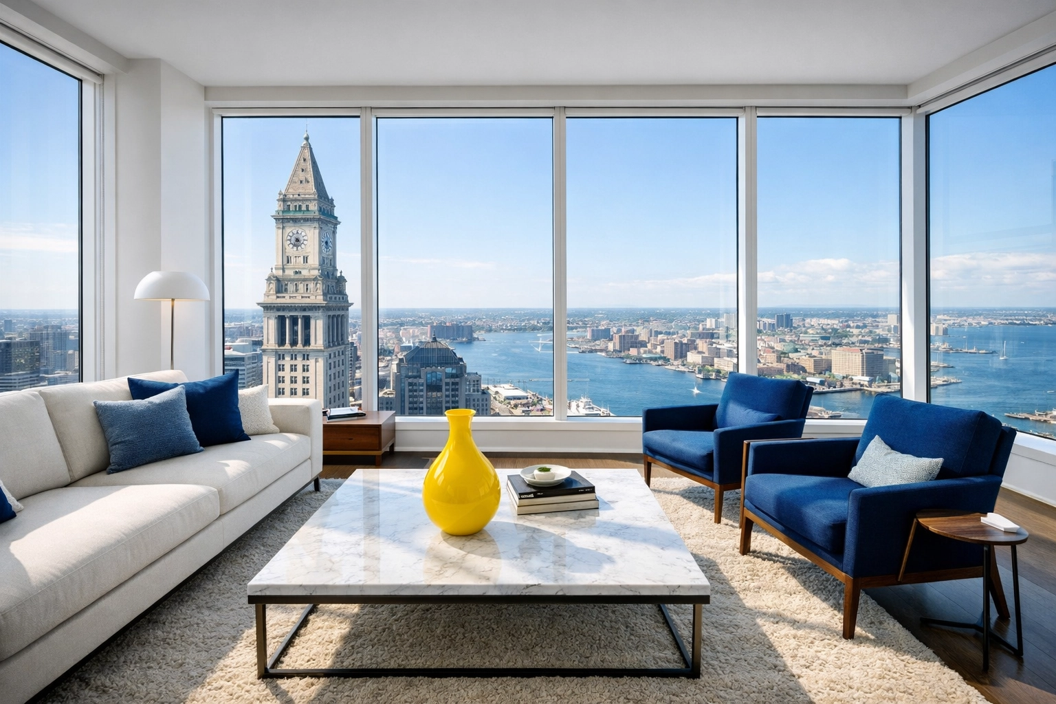 Fast house cleaning Boston in a luxury Financial District penthouse apartment with city views.