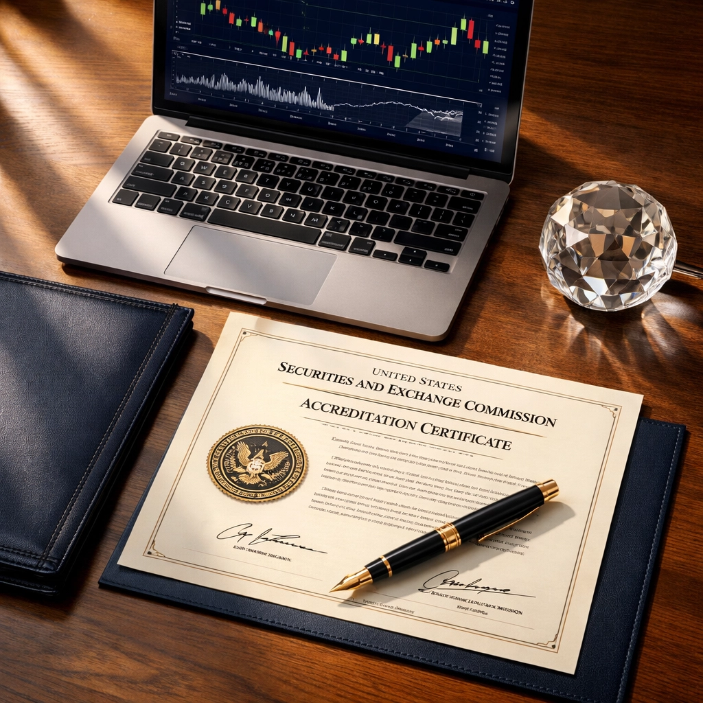 SEC accreditation documents and laptop showing accredited investor qualification requirements