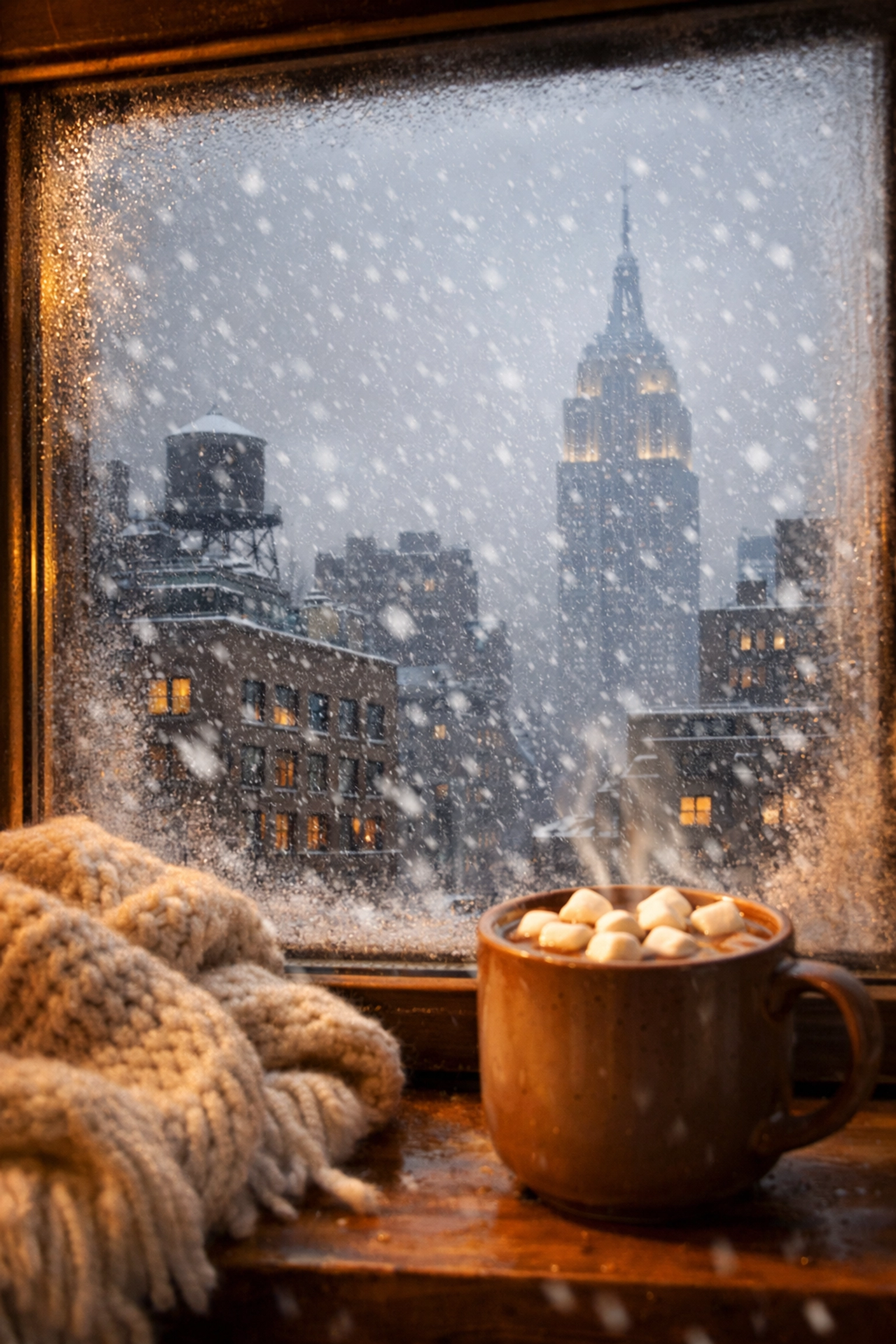 Cozy NYC apartment window view during blizzard with hot chocolate and blanket - staying warm indoors