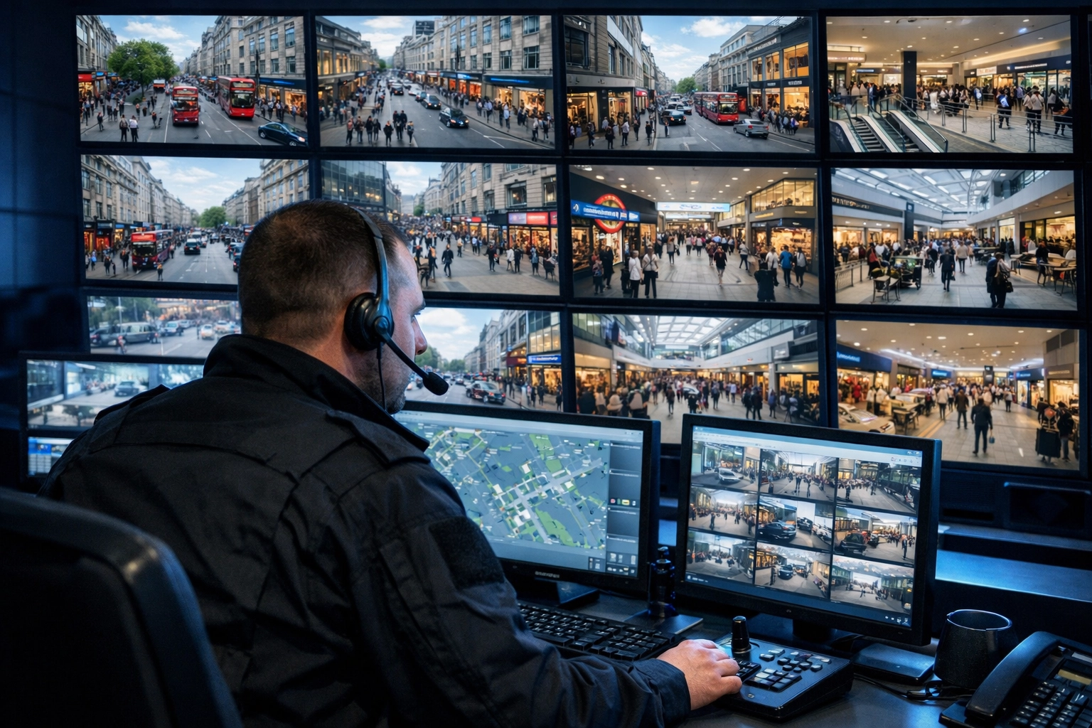 Expert security operative monitoring multiple surveillance screens in a modern UK control room.