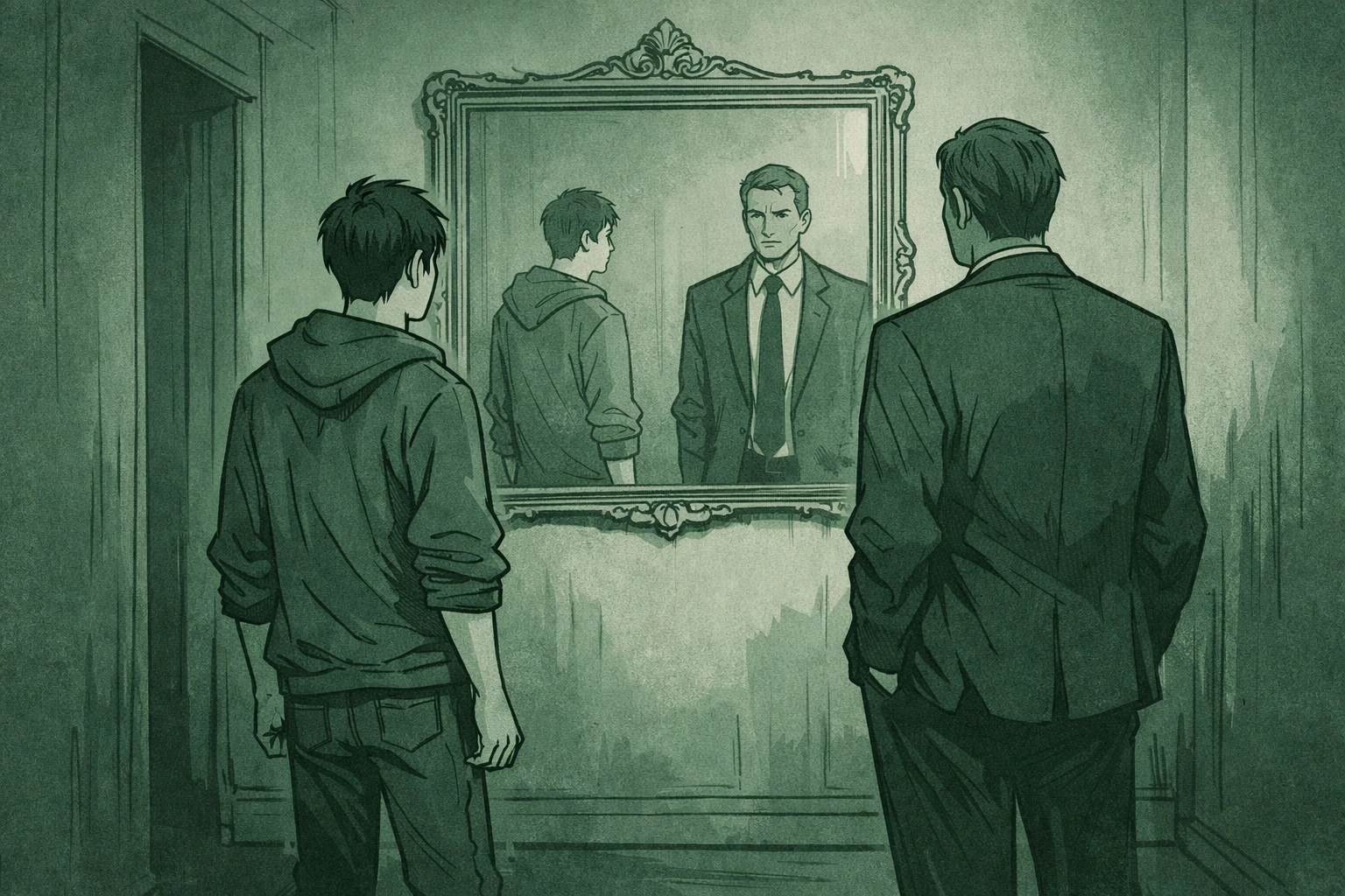 Step-father and step-son reflected in hallway mirror, hiding their shared secret about sexuality