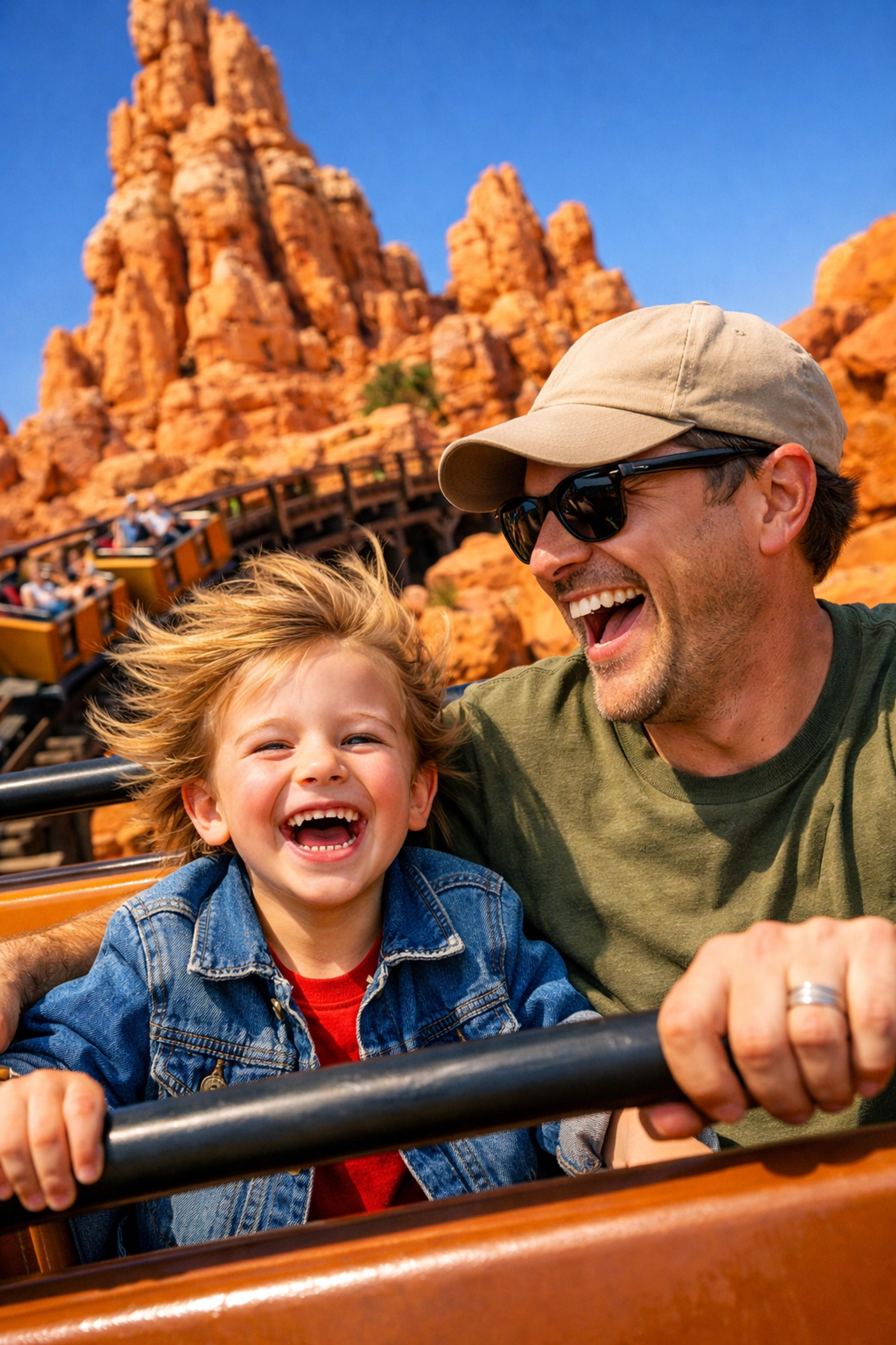 A parent and child laughing on Big Thunder Mountain Railroad during a stress-free Disney trip.