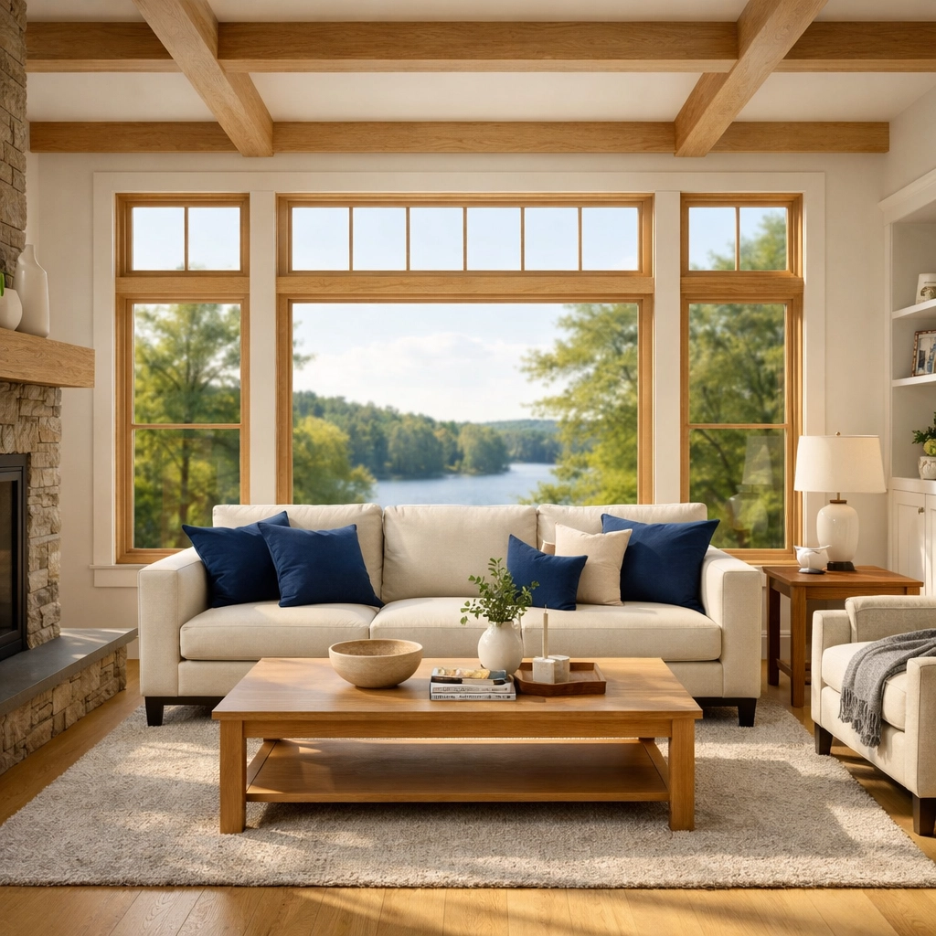 A clean, sun-drenched modern living room in Ashland showcasing results of weekly house cleaning.