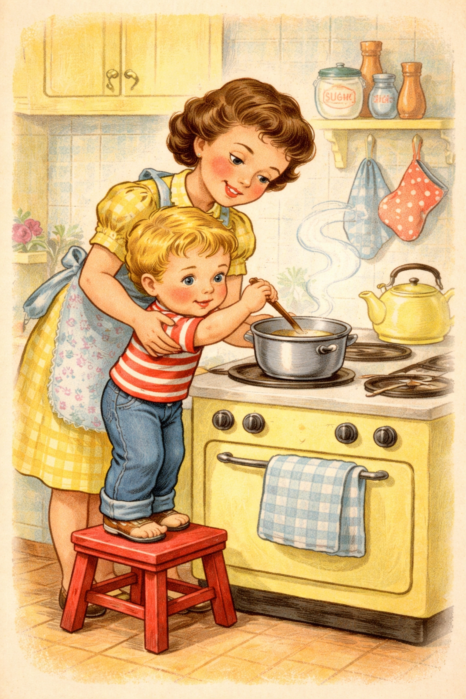 Parent and child making edible finger paint together at the stove, showing simple family-friendly kitchen activity.