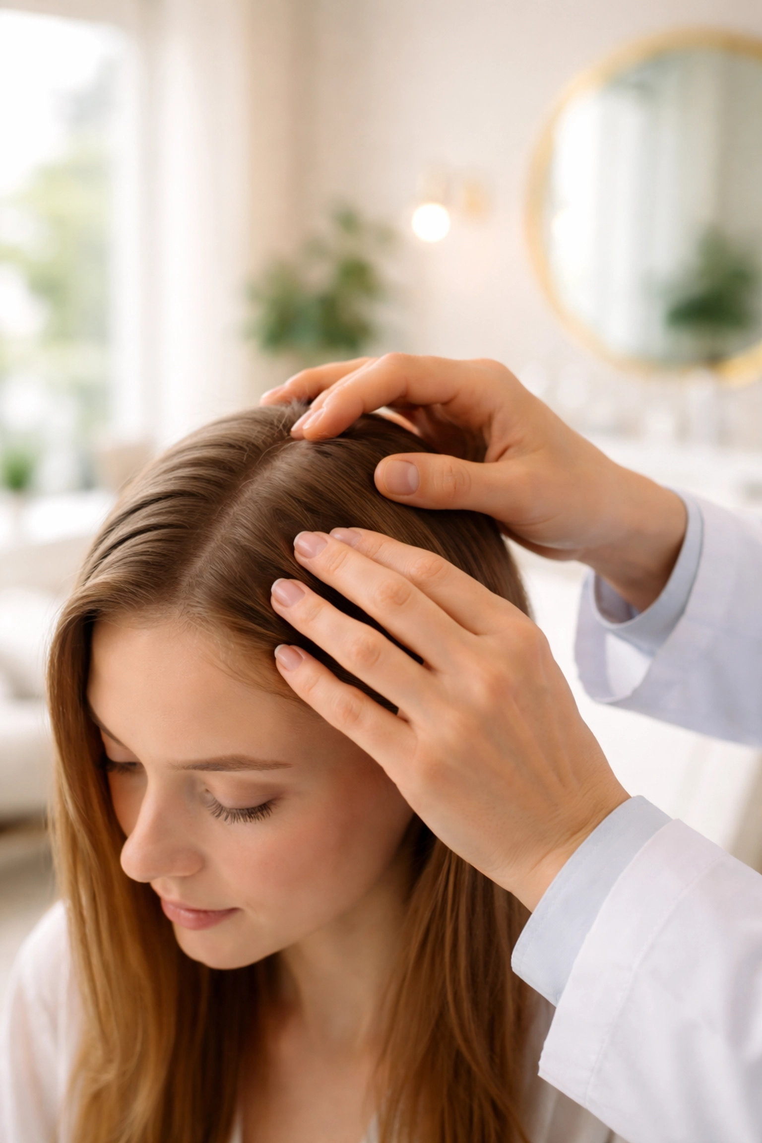 Medical professional examines patient's scalp during a personalized Milwaukee hair restoration consultation.