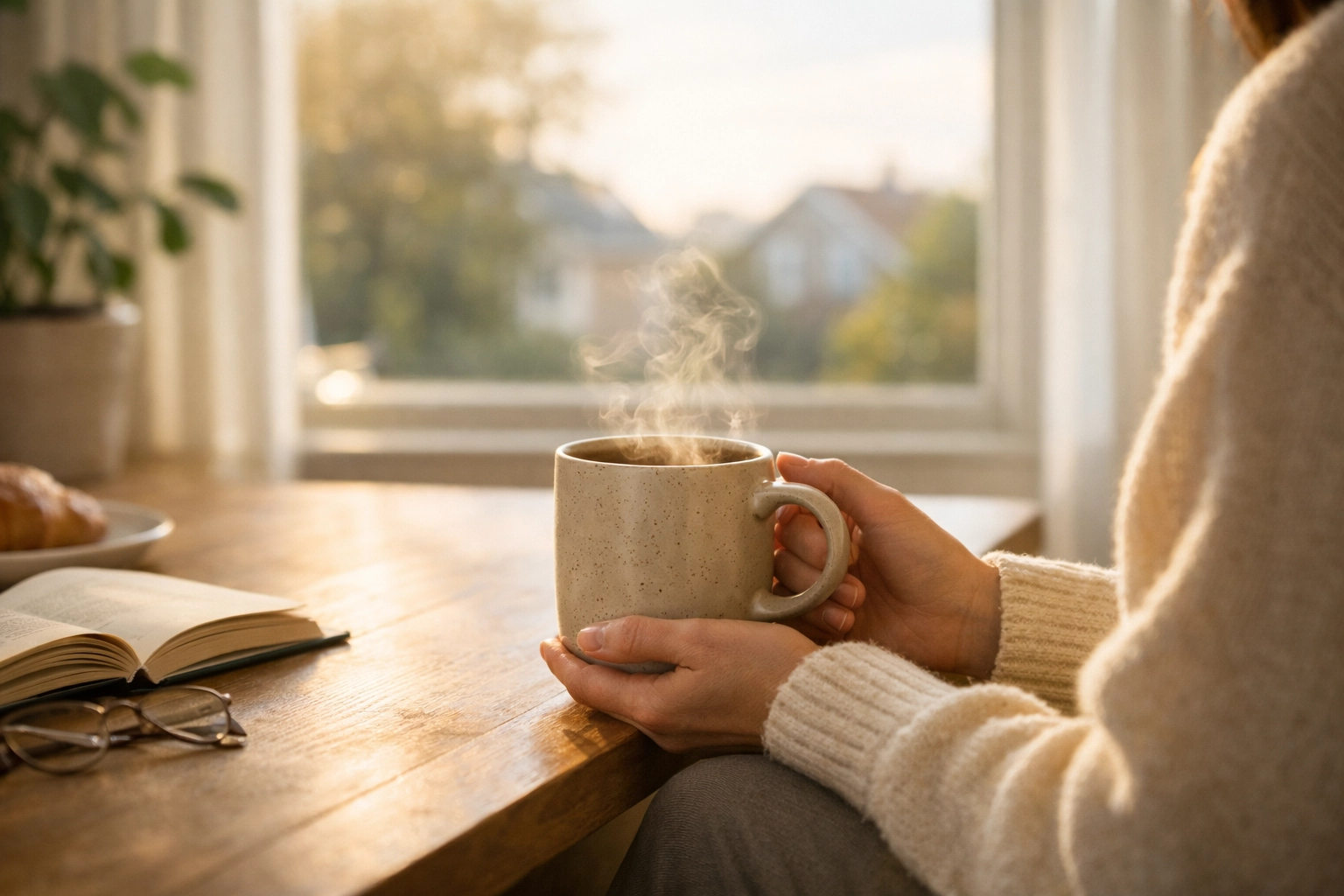 A steaming coffee mug in a sunlit breakfast nook, evoking quiet gratitude and morning peace.