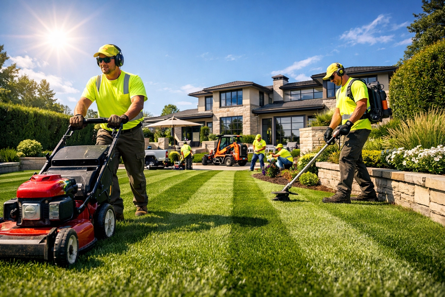 Landscaping crew in branded custom t shirts working on a large residential lawn.