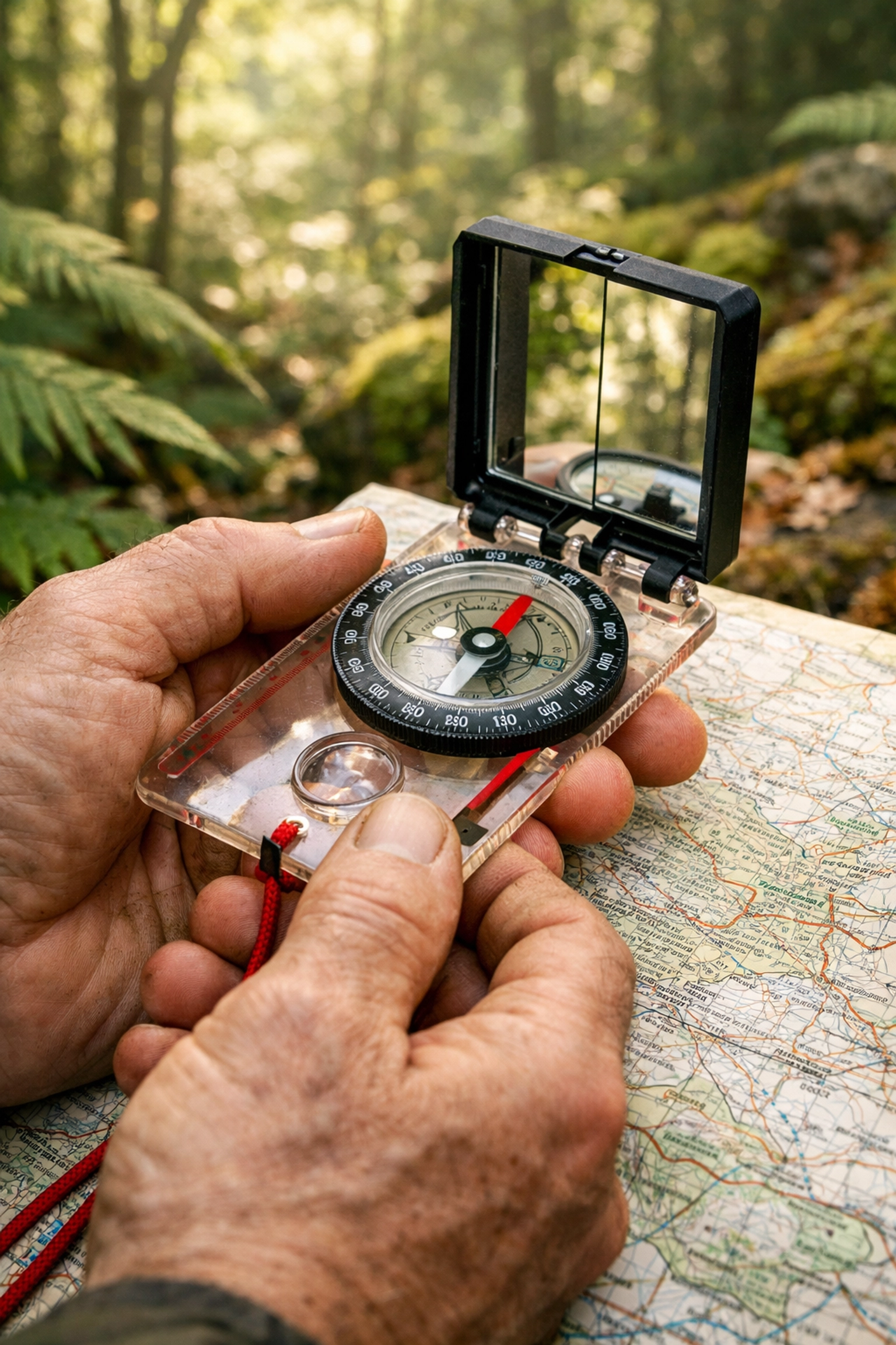 Hands using a map and compass for navigation in a green UK forest.