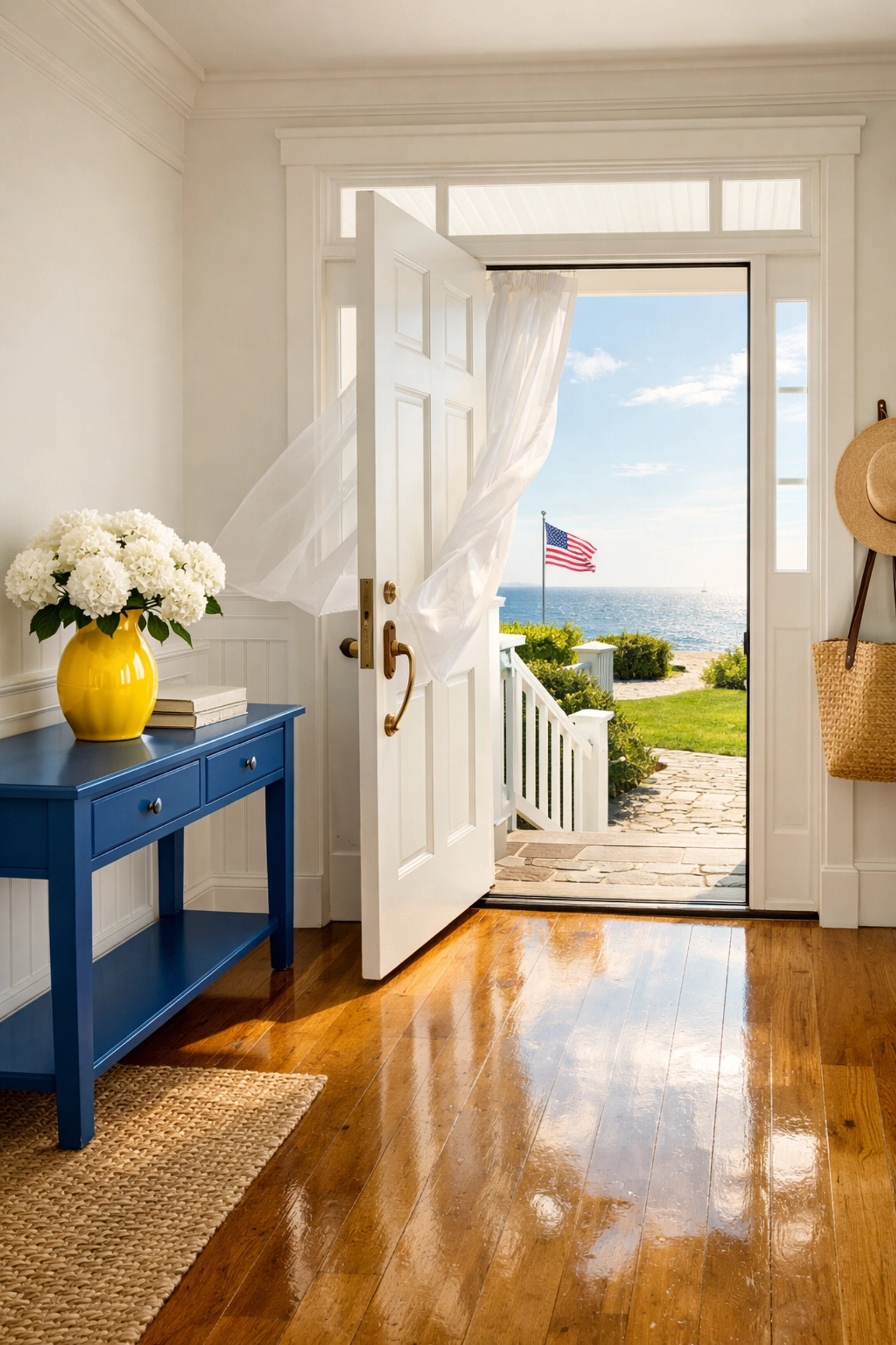 Inviting South Yarmouth home entryway with polished floors from reliable professional maid services.
