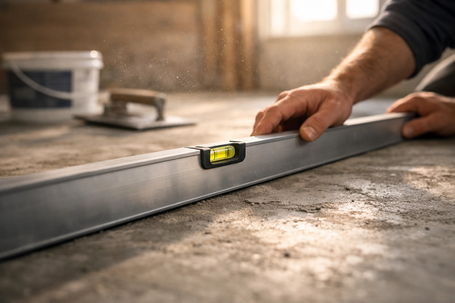 Contractor checking concrete subfloor with level tool before hardwood floor installation