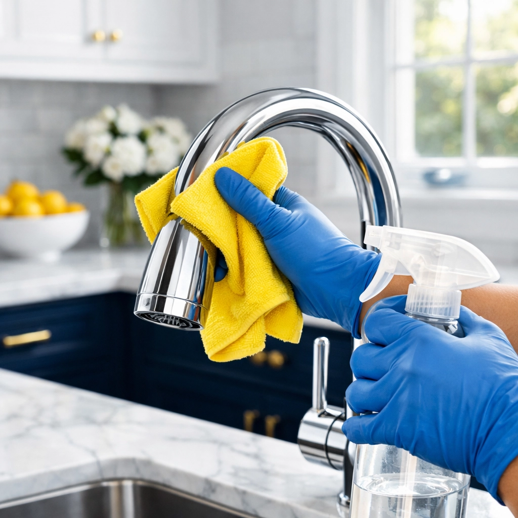 Professional cleaning of a modern kitchen faucet during a move-in cleaning service in Reading.