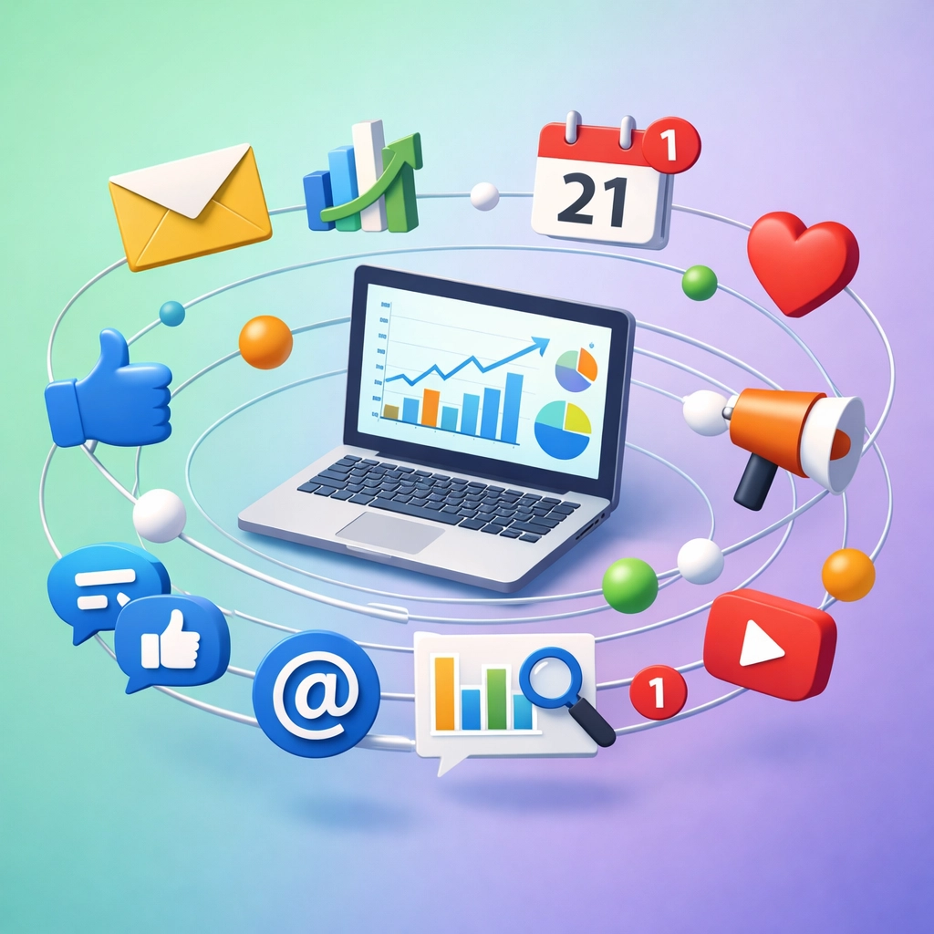 Essential digital marketing tools and software surrounding laptop for online business automation