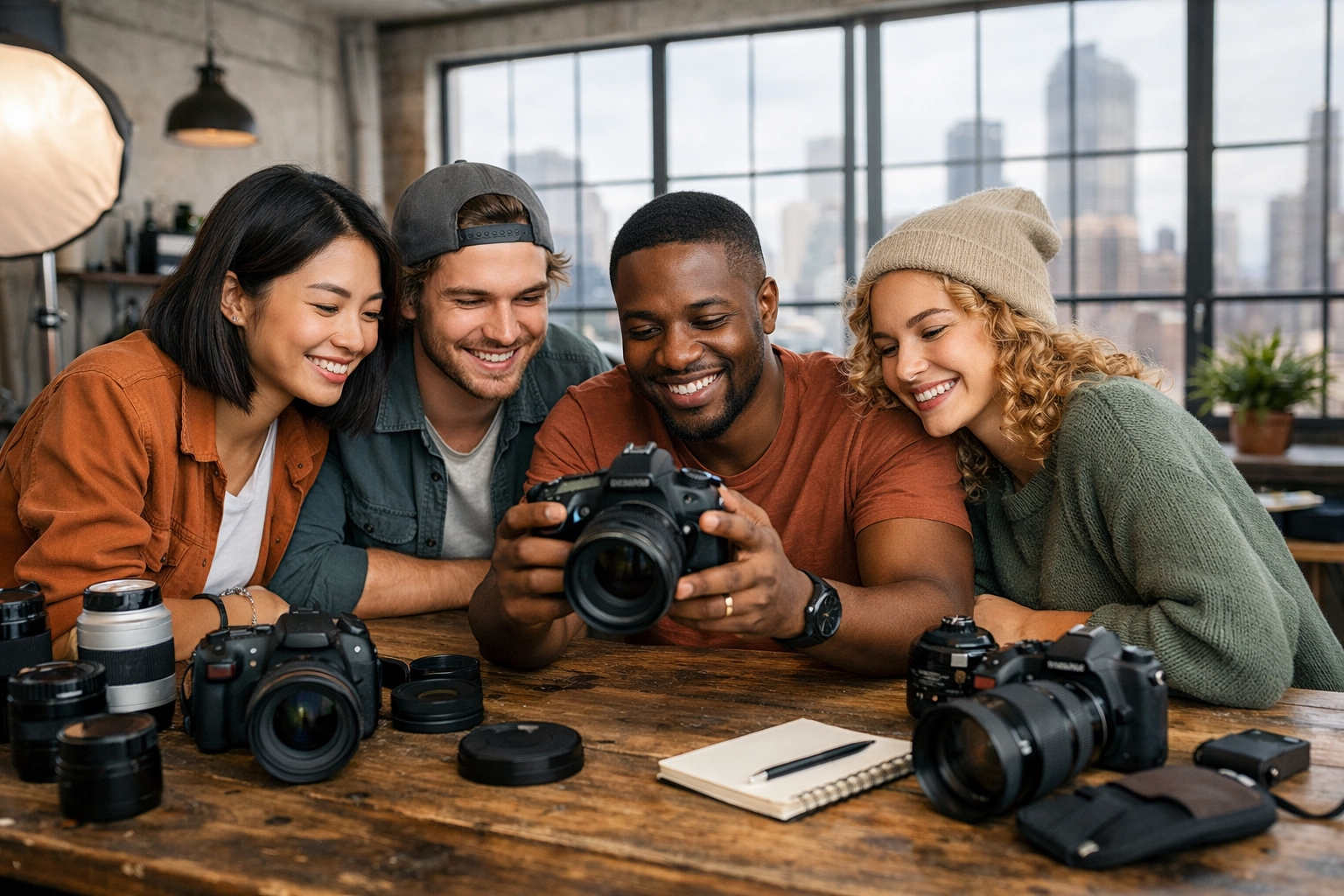 Aspiring photographers collaborating and sharing ideas during a Shut Your Aperture photography tutorials workshop.