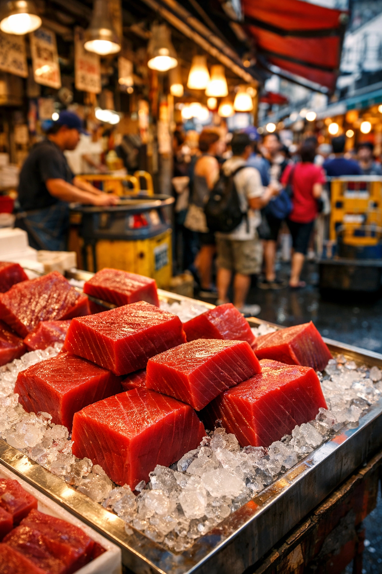Fresh high-grade maguro tuna displayed on ice at a busy seafood stall in Tsukiji Outer Market.