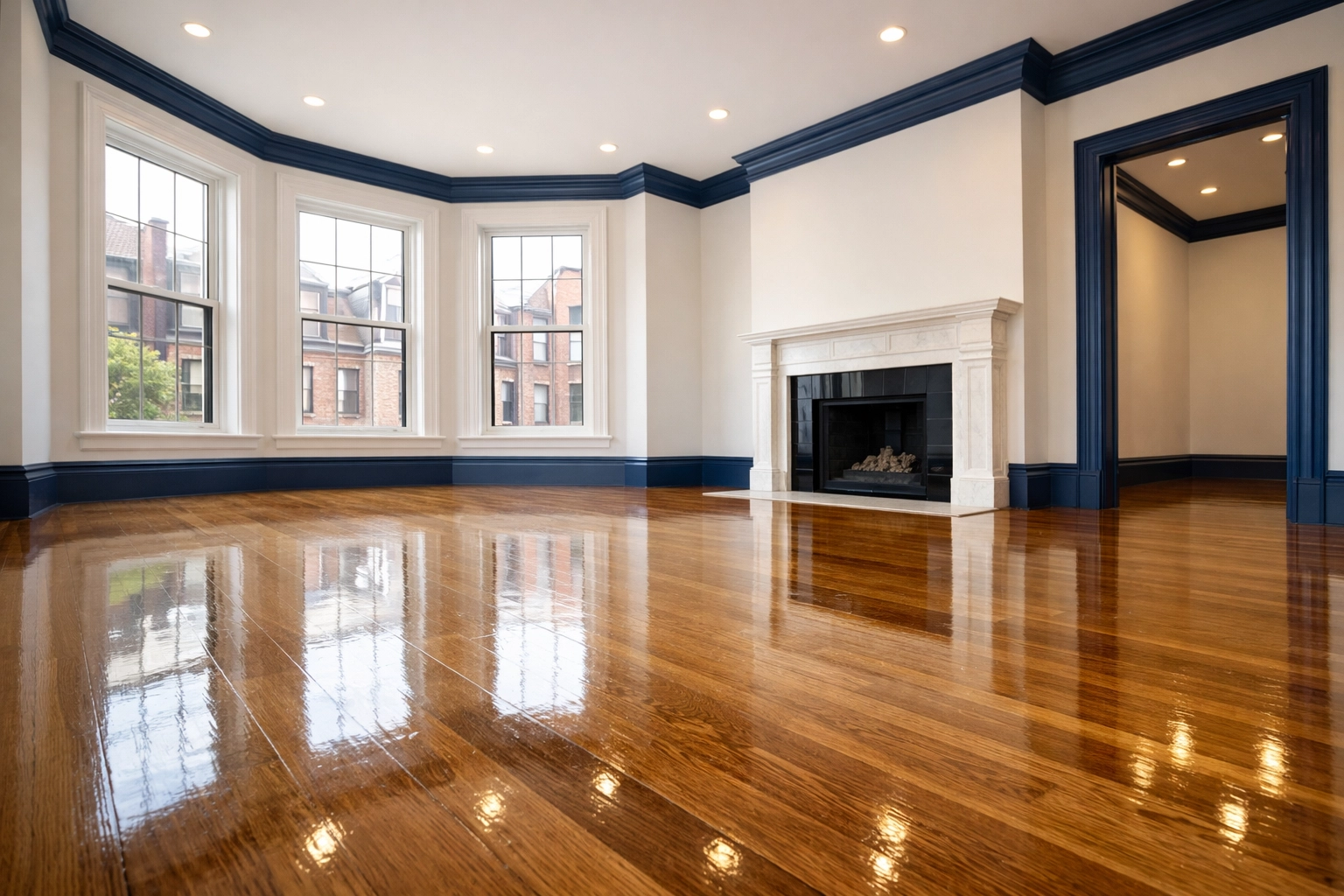 Professionally cleaned empty Boston brownstone living room with polished hardwood floors ready for a move-out inspection.