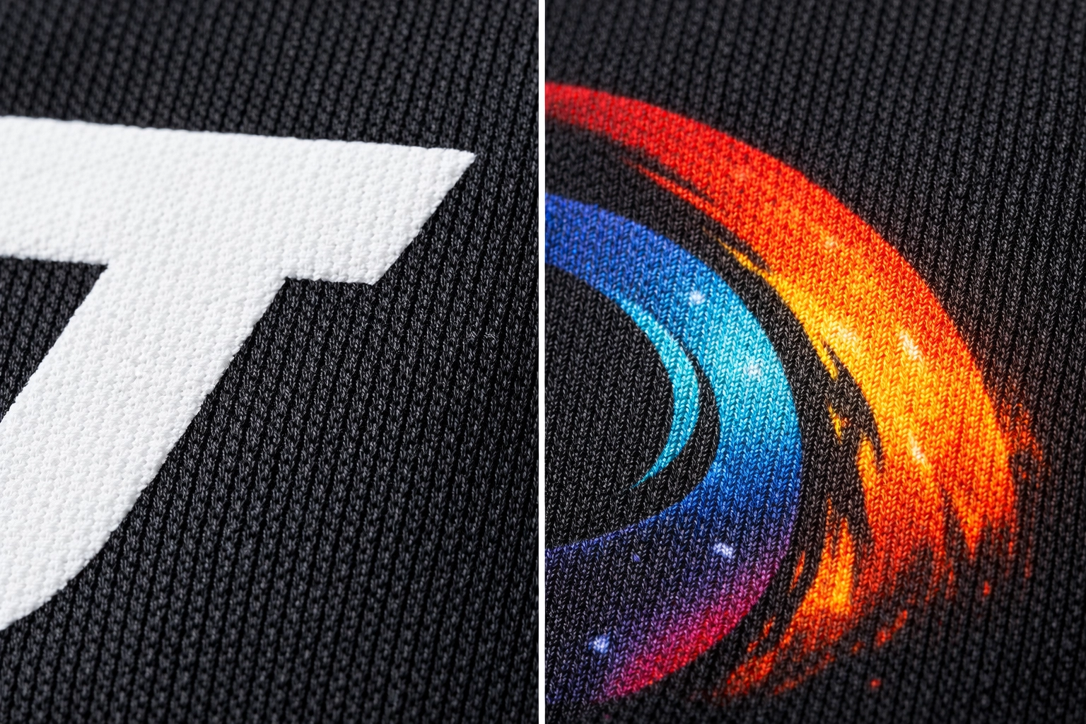 Macro shot comparing silk screen ink texture vs. direct-to-garment DTG printing on black cotton fabric.