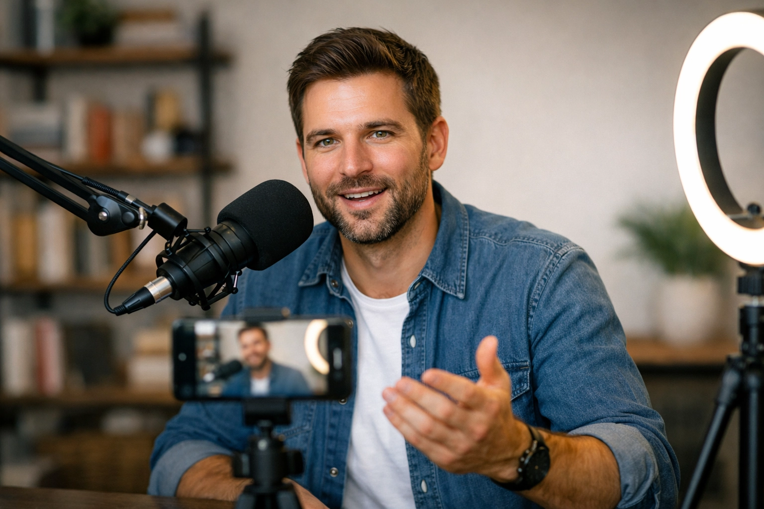 Content creator recording a video for TikTok and Instagram to improve Video SEO and brand discovery through search.