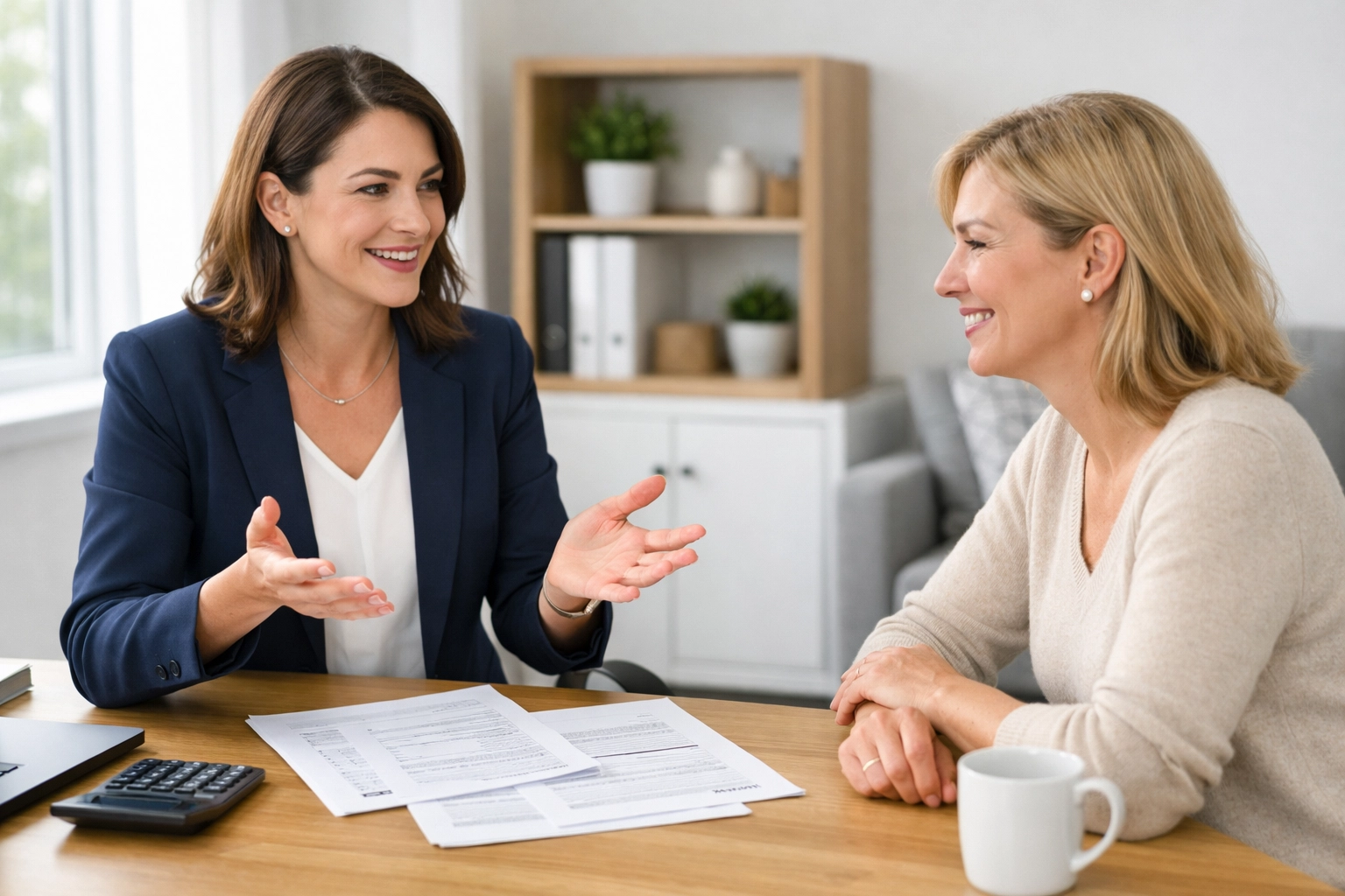 Tax professional explaining documents clearly to engaged client in bright office setting