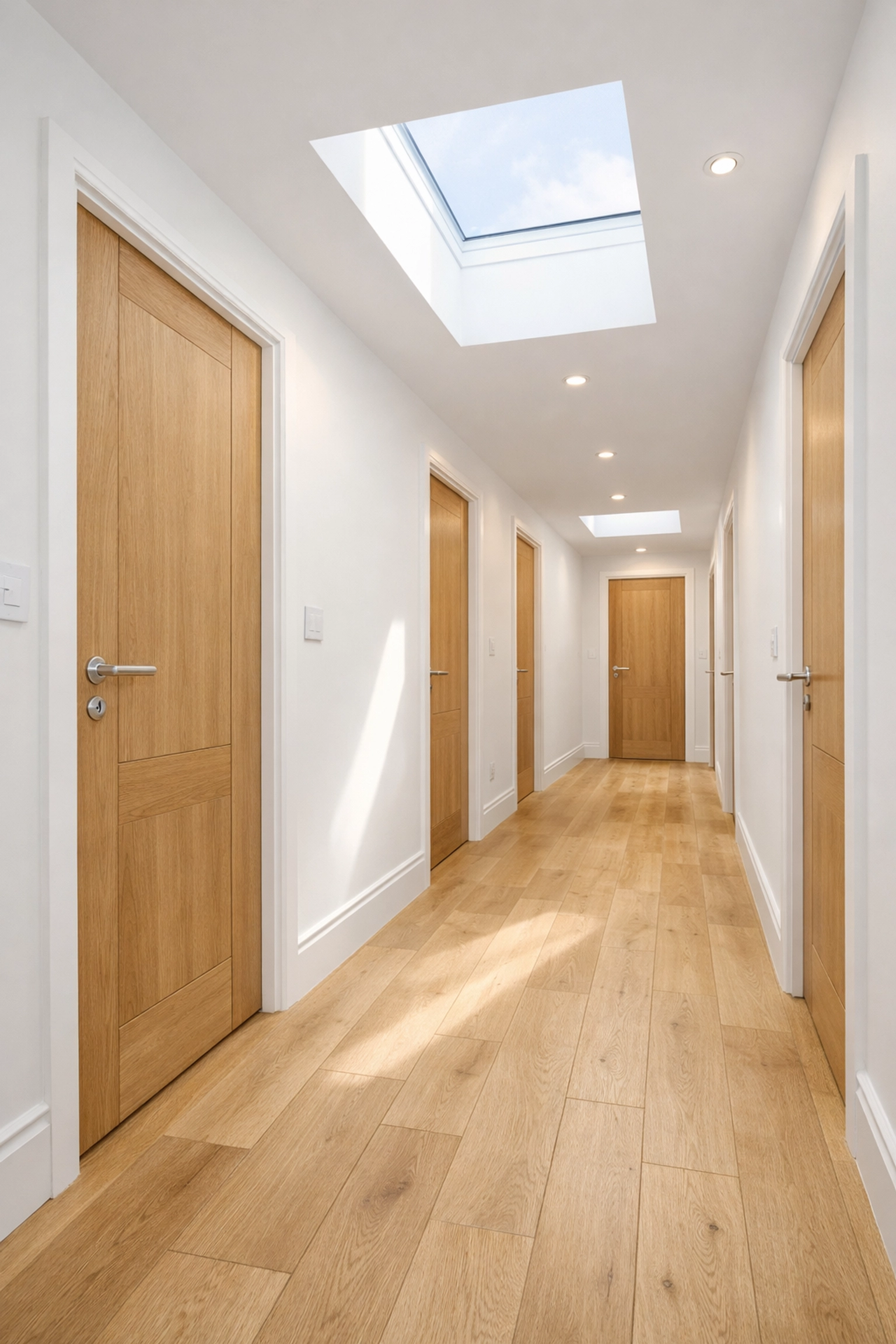 Modern London HMO conversion hallway showing high-spec en-suite rooms and architectural design.