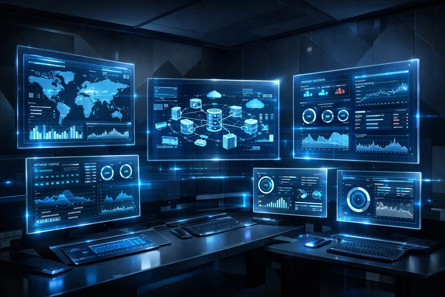 Modern IT help desk monitoring dashboard showing real-time system analytics and network performance