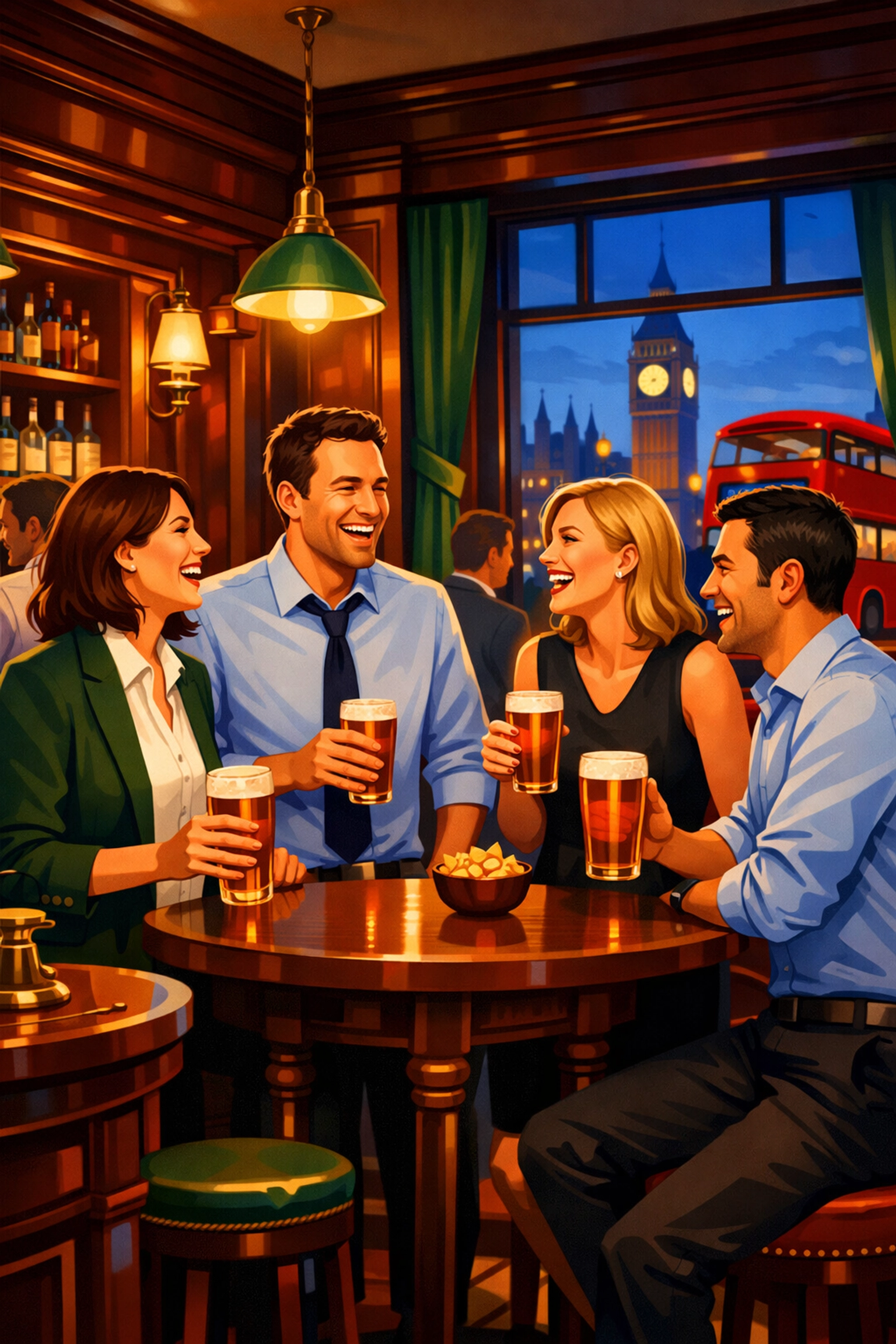 London professionals networking at a local pub after work, reflecting the city's unique cultural time norms.