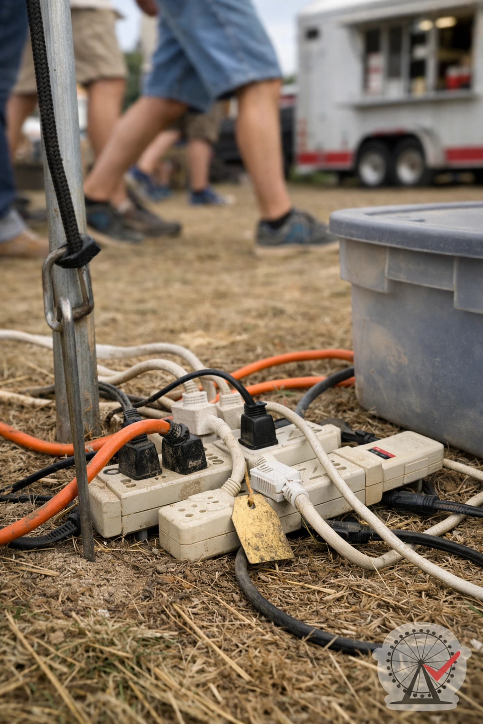 Close-up behind a vendor tent: multiple power strips and extension cords daisy-chained on the ground—an “octopus” waiting to overheat