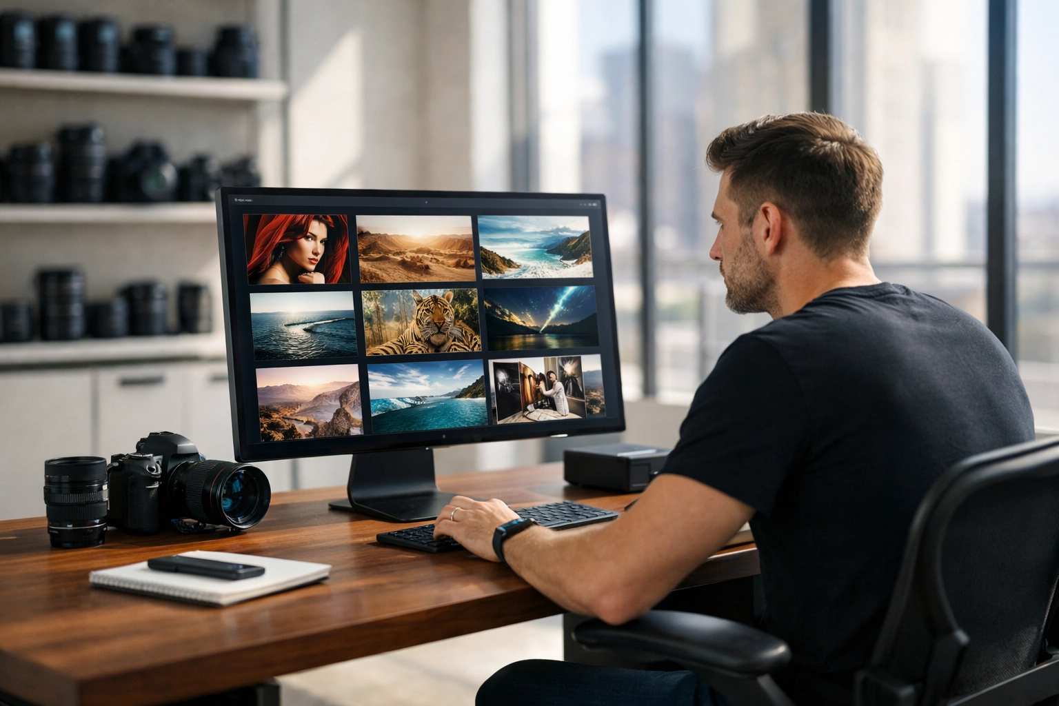 Professional photographer reviewing high-quality portfolio in a bright studio using Proshoot.io.